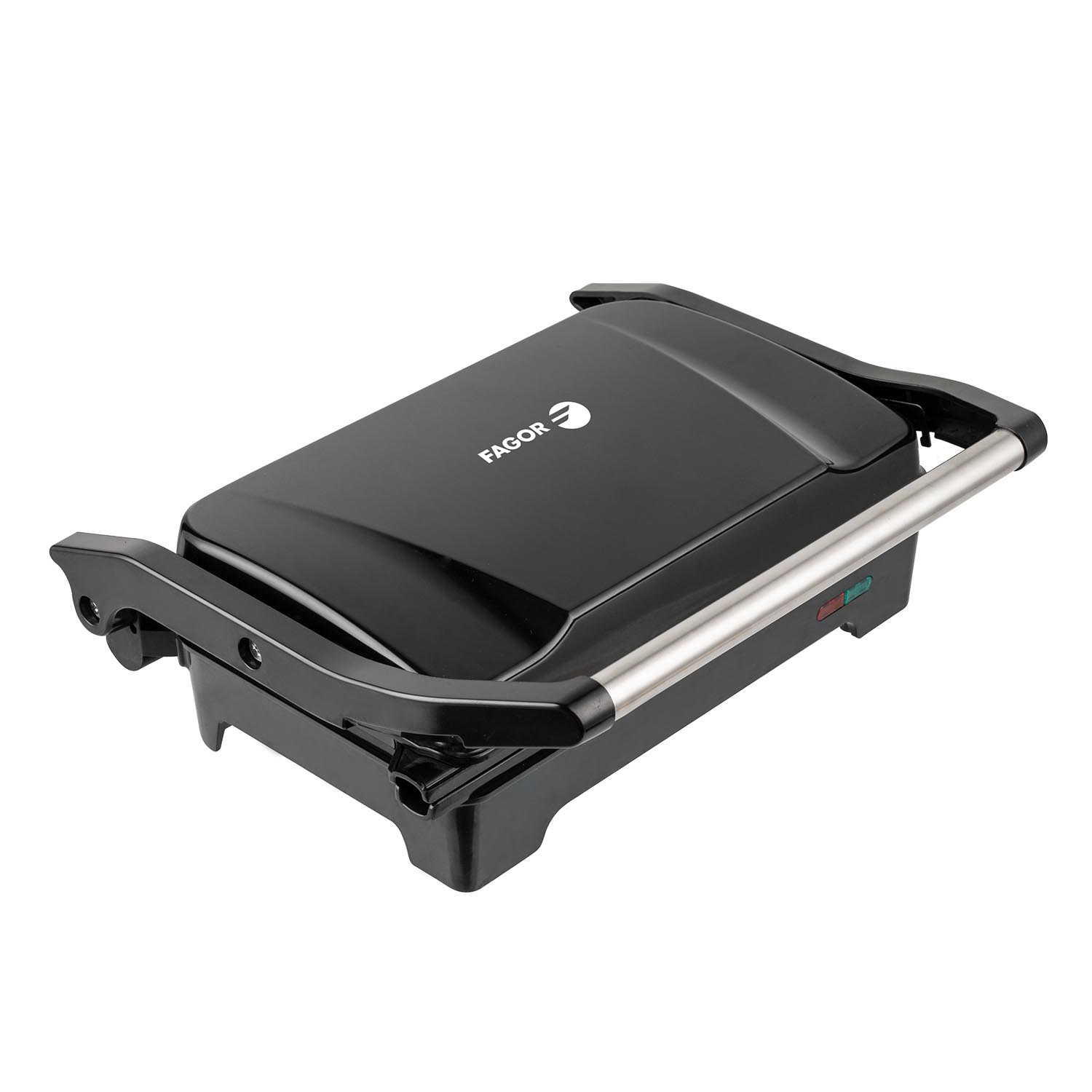 Una plancha panini Fagor negra sobre fondo blanco. Tiene un asa plateada y luces indicadoras. El logotipo es visible.