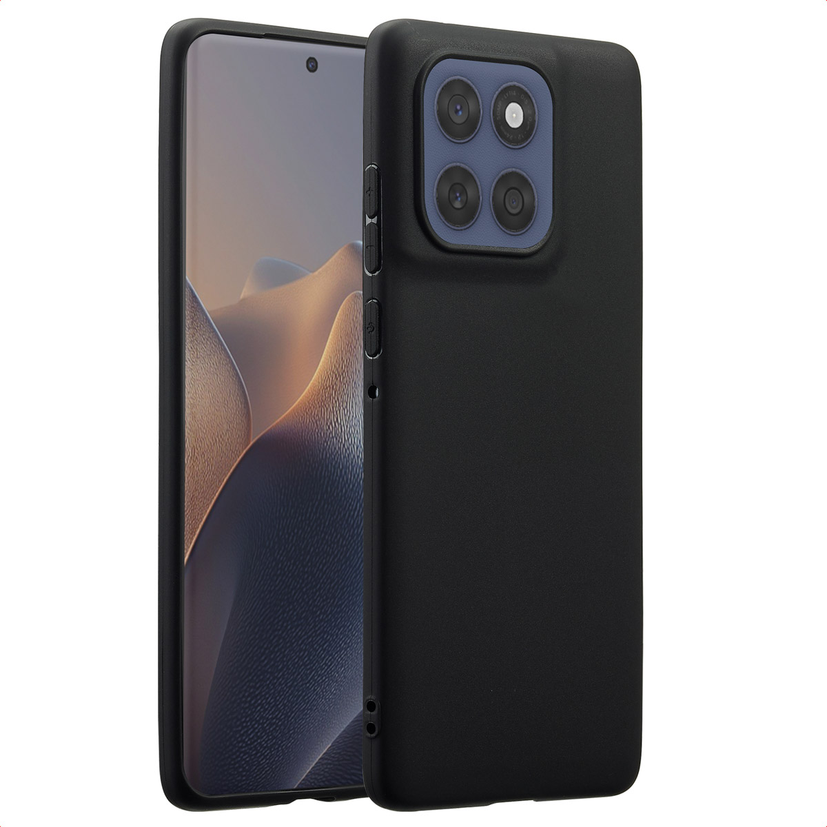 Un smartphone noir avec une coque de protection. Le téléphone est positionné à côté d'un autre téléphone avec une image affichée.