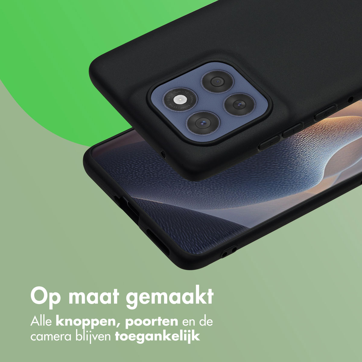 Coque de téléphone noire avec plusieurs objectifs d'appareil photo sur fond vert clair. Texte en néerlandais visible en bas.