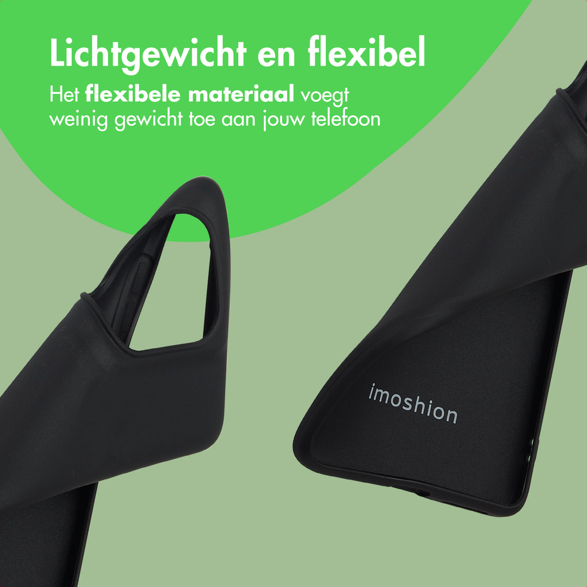 Coque de téléphone noire et souple sur fond vert. Le texte dit léger et flexible, et la marque est imoshion.