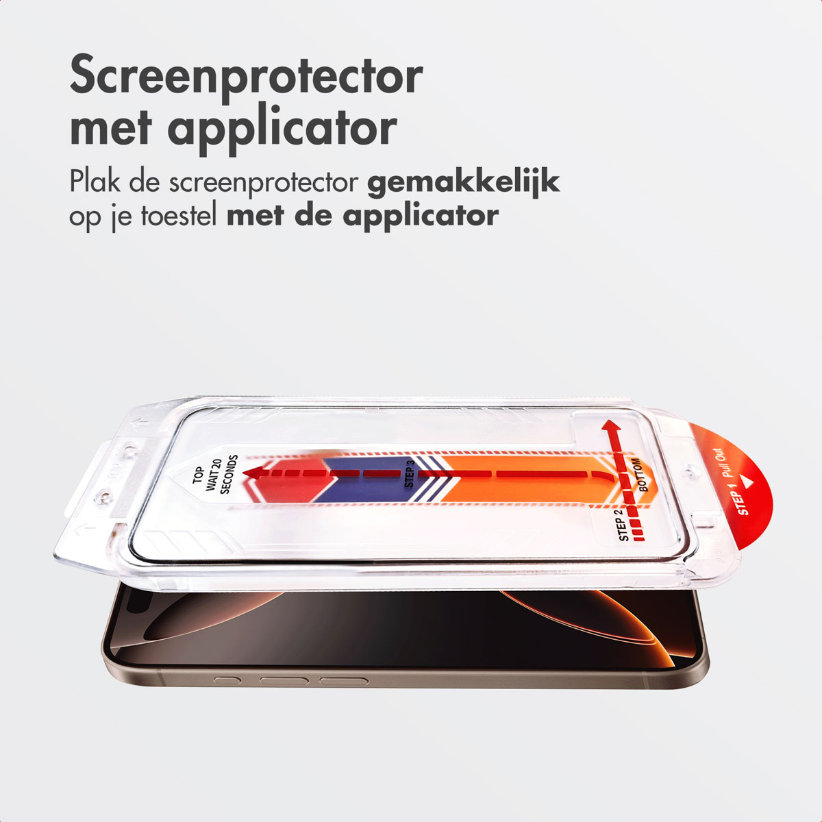 Screen protector application. A phone is under a plastic applicator with instructions. Text reads 'Screenprotector met applicator'.