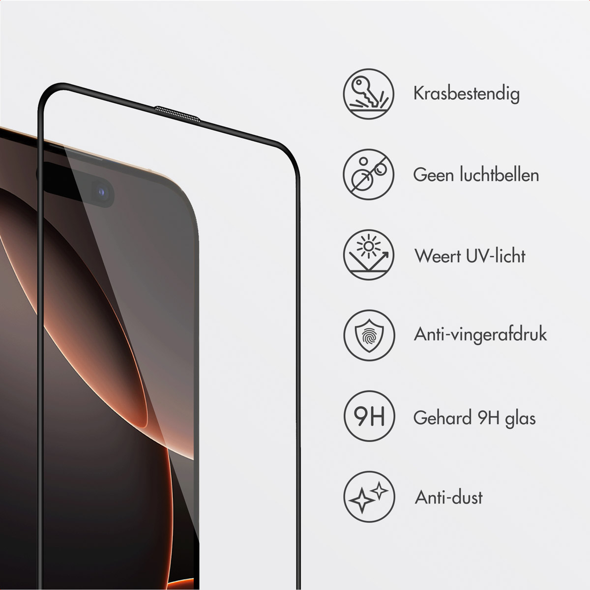 A smartphone with a screen protector is displayed. Icons indicate features: scratch-resistant, bubble-free, UV protection, anti-fingerprint, 9H glass, and anti-dust.