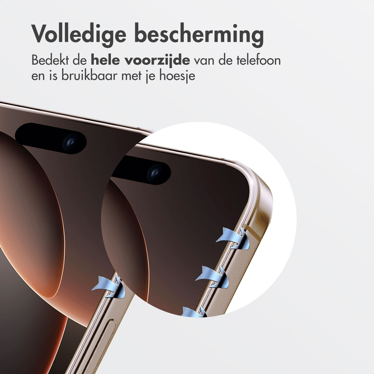 Close-up of a phone, showcasing a protective case. Text in Dutch promotes full protection. Blue arrows indicate features, with a light background.