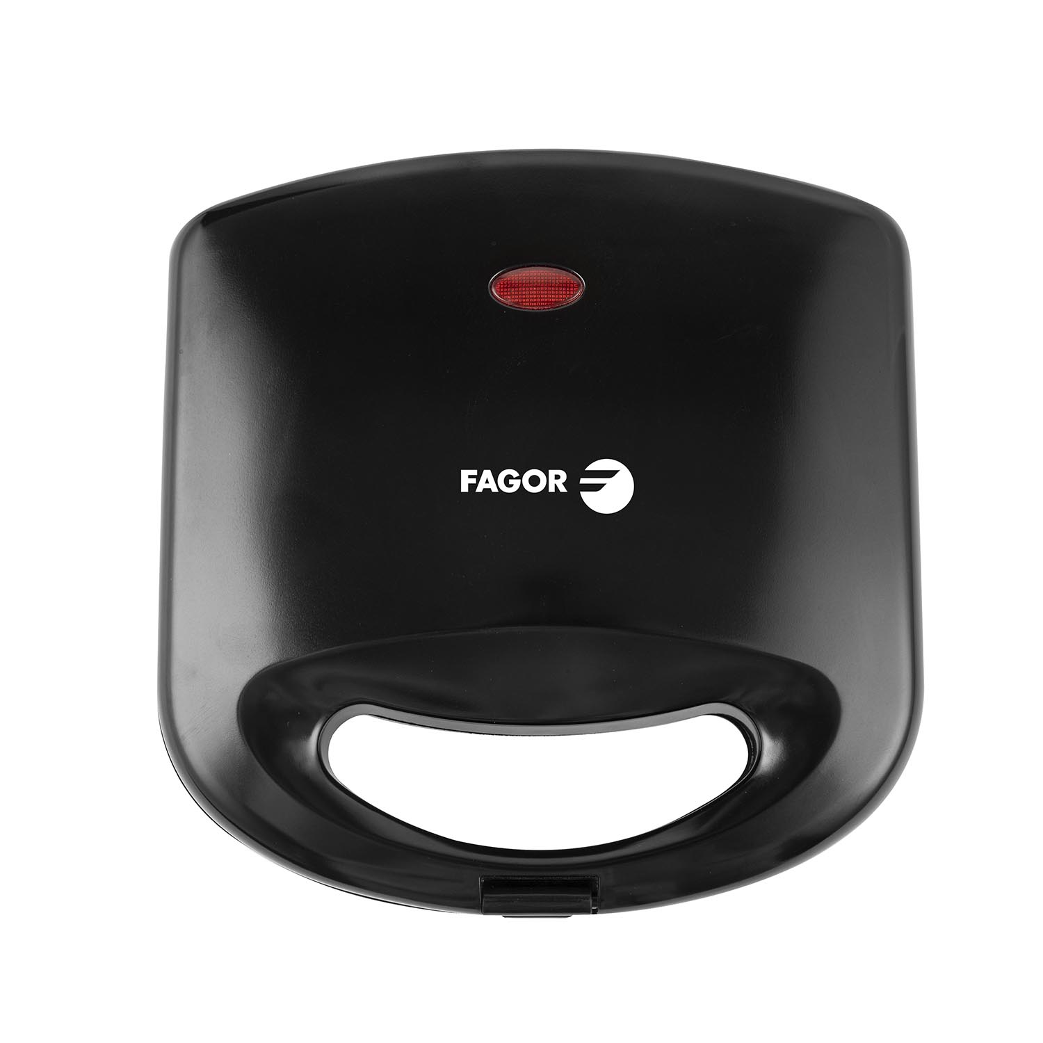 Una sandwichera Fagor negra. Tiene una luz roja, un asa y el logotipo de Fagor.