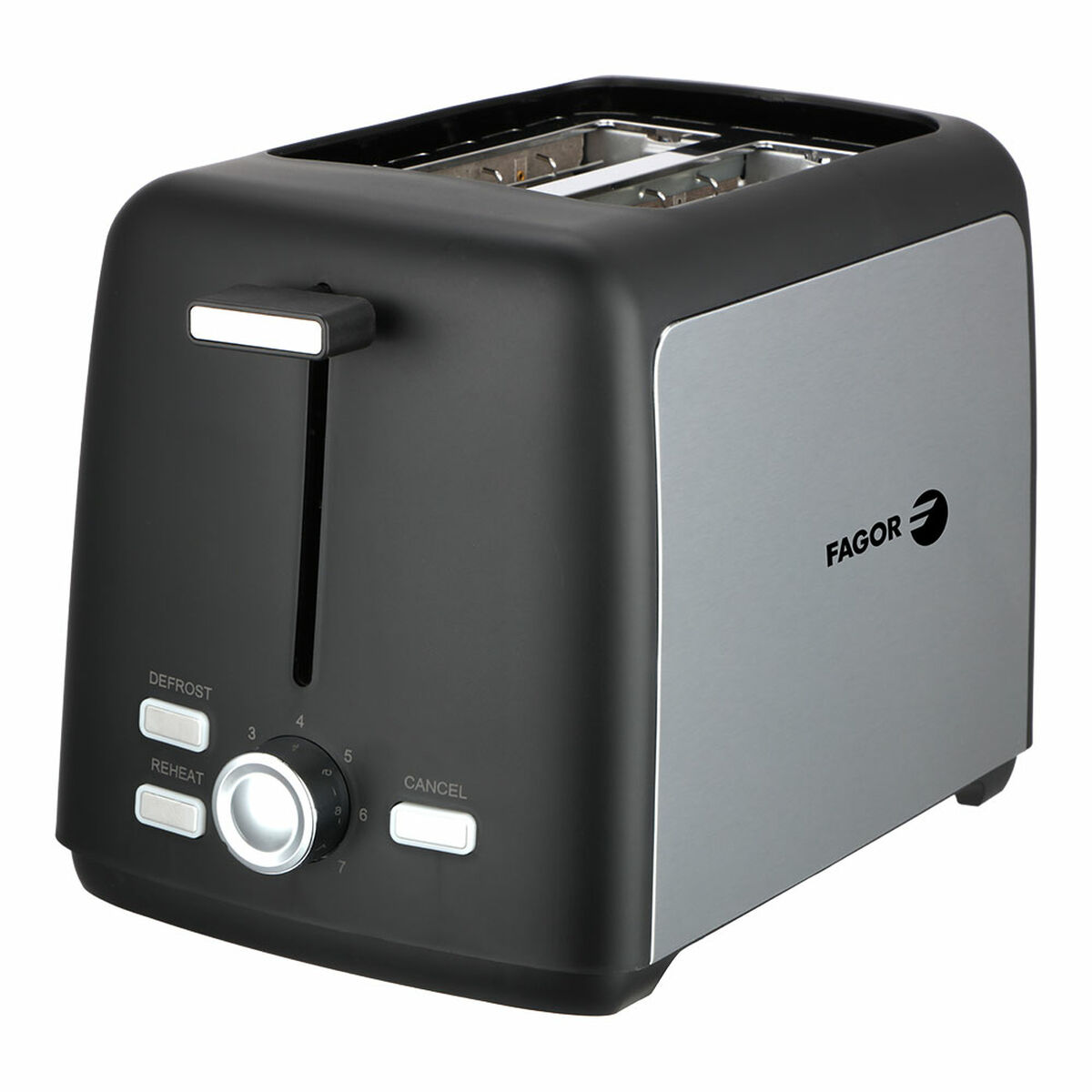 Ein schwarzer und silberner Fagor-Toaster. Er hat einen Hebel, ein Rad und Knöpfe zum Auftauen, Aufwärmen und Abbrechen, mit zwei Schlitzen.