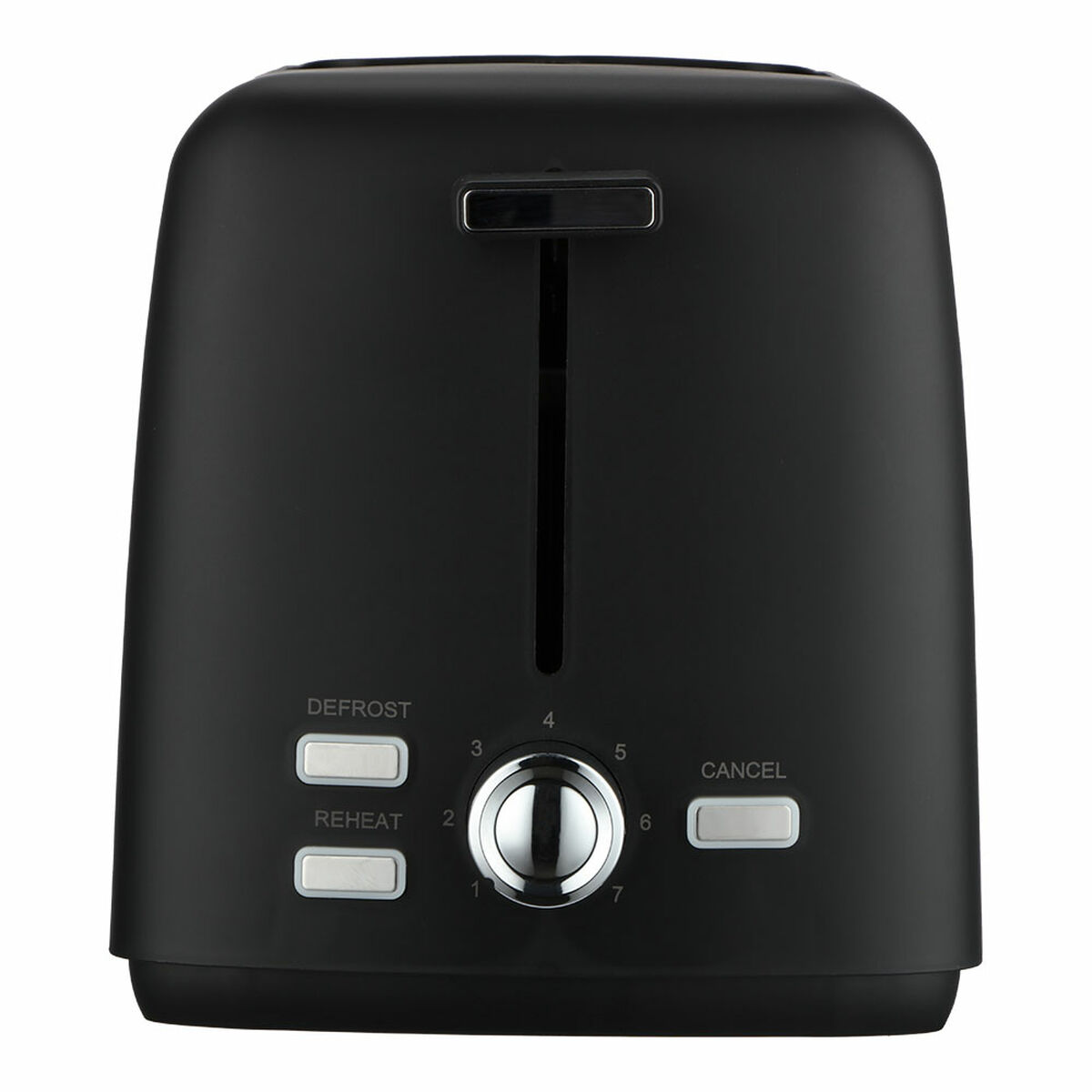 Ein schwarzer Toaster mit zwei Schlitzen. Er hat Tasten für Auftauen, Aufwärmen und Abbrechen. Ein Drehregler stellt Bräunungsstufen von 1 bis 7 ein.