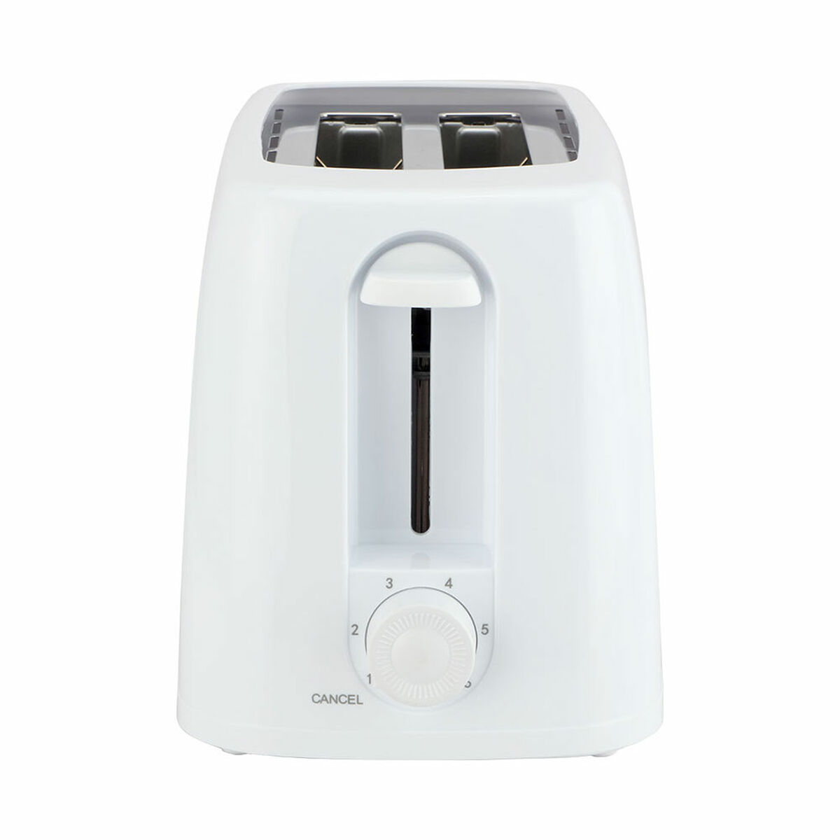 Ein weißer Toaster mit zwei Schlitzen, einem Hebel und einem Knopf mit den Zahlen 1-5 sowie einer Abbruchtaste. Der Hintergrund ist weiß.
