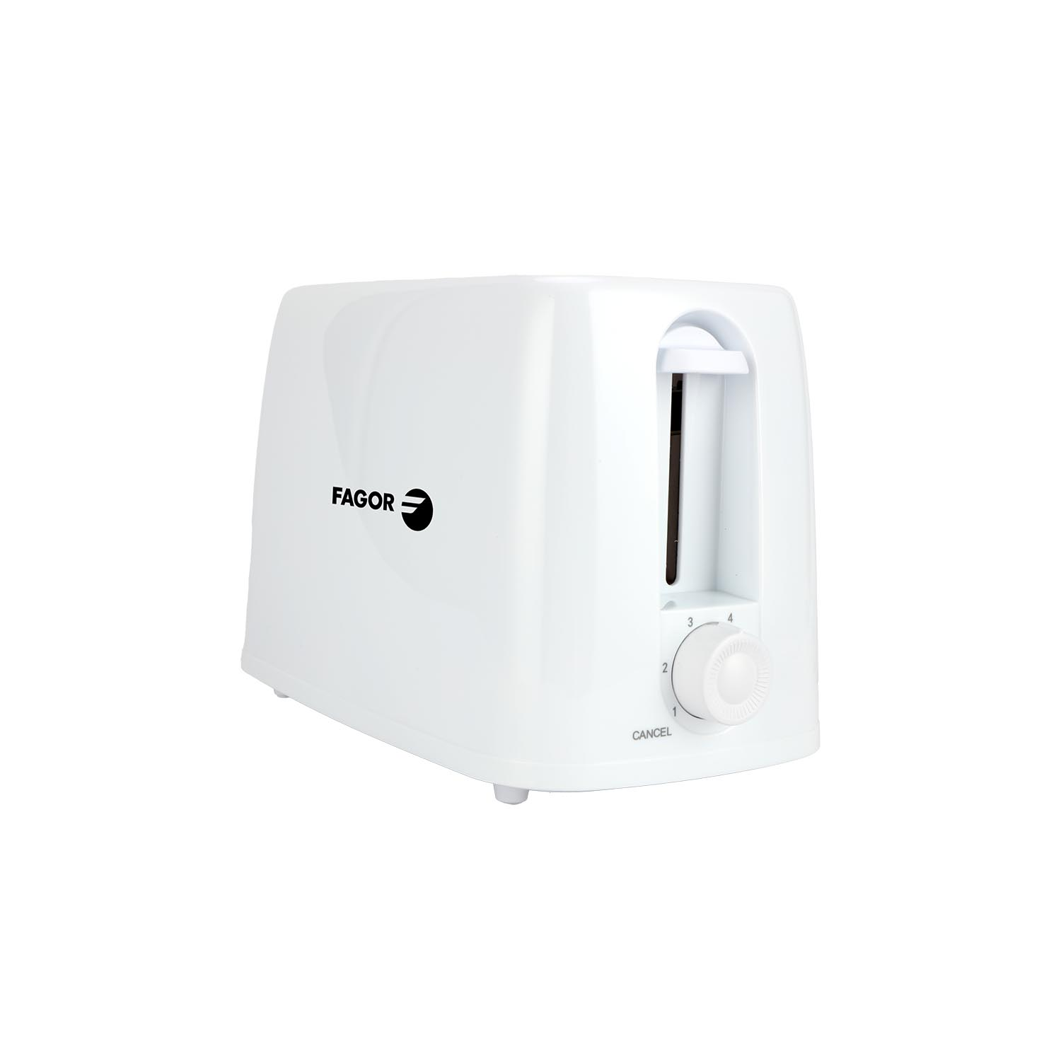 Ein weißer Fagor-Toaster steht auf weißem Hintergrund. Er hat einen Drehregler für Einstellungen und zwei Schlitze für Brot. Das Logo ist sichtbar.