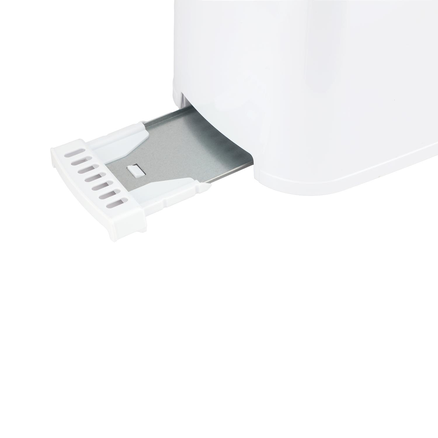 Ein weißer Toaster, dessen Krümelschublade teilweise herausgezogen ist. Die Schublade ist metallisch und der Toaster hat ein schlankes, gebogenes Design.