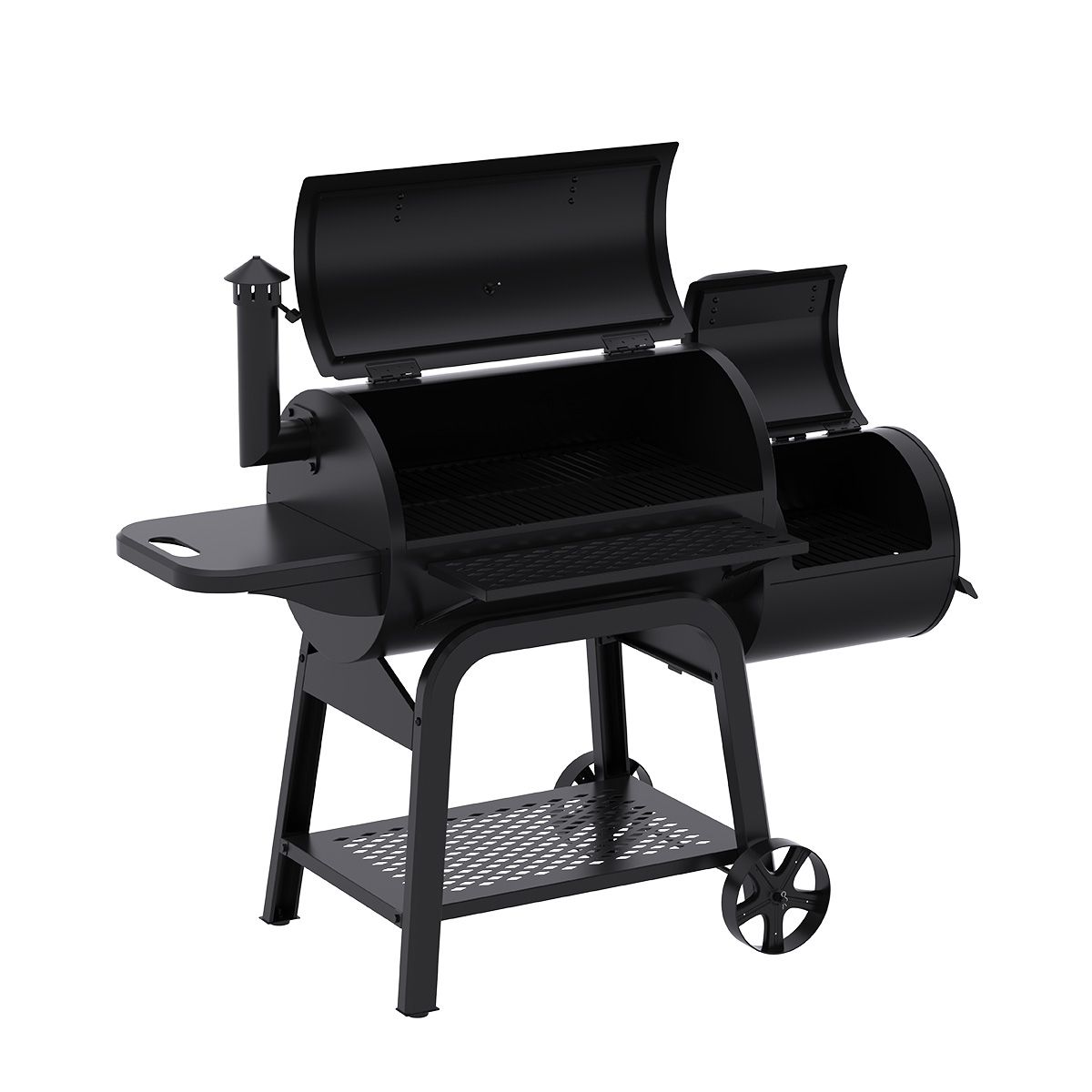 A black grill with open lids. It has a side table, a chimney, and sits on a stand with wheels. The background is white.