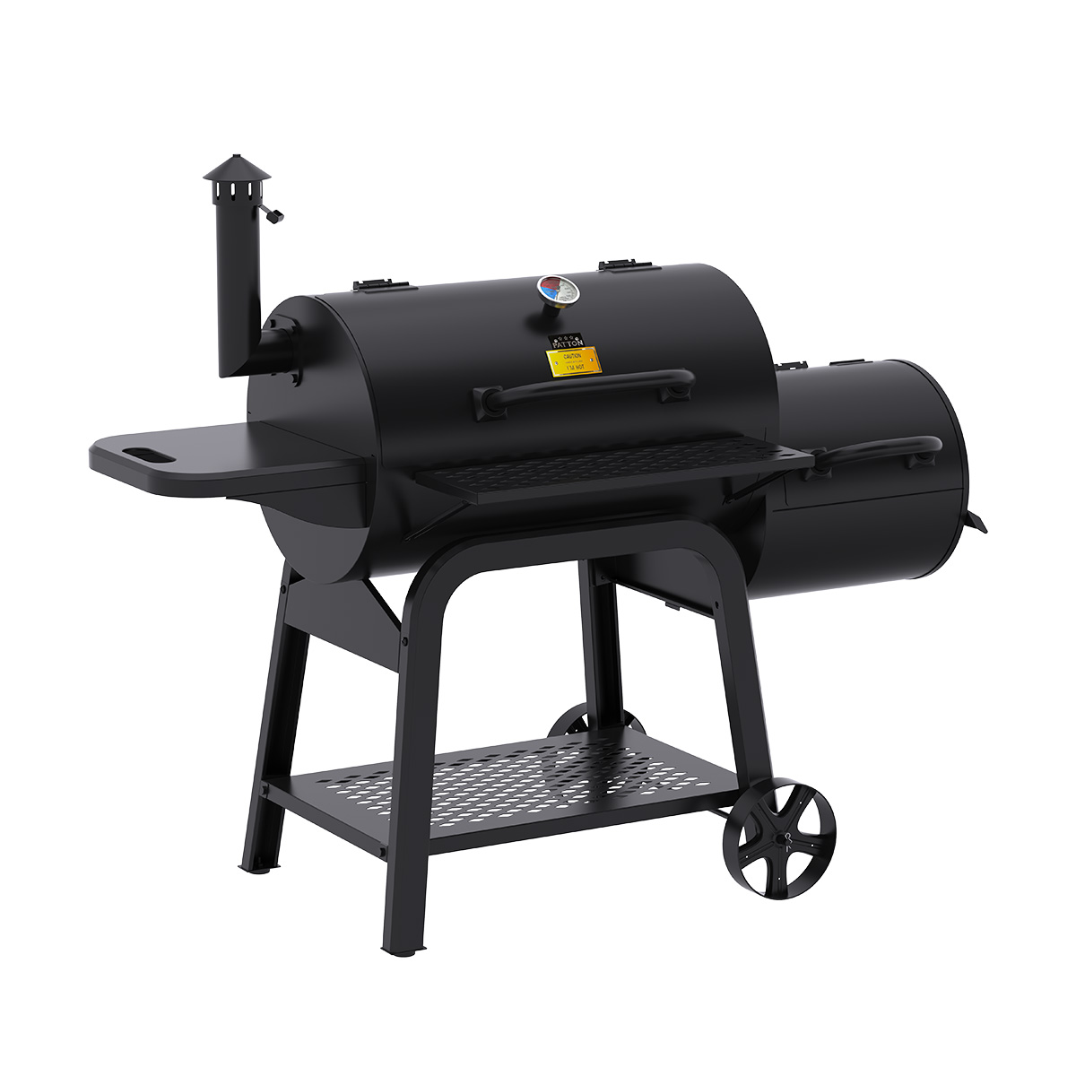 A black smoker grill on a white background. It has a chimney, a temperature gauge, and a side shelf.