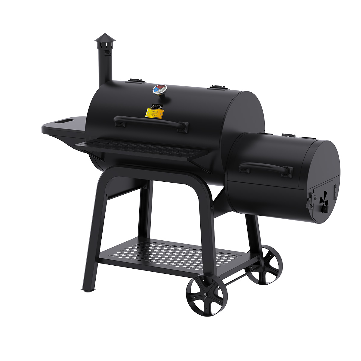 A black grill with a chimney and a side smoker. It has wheels, a shelf, and a thermometer. It is on a white background.