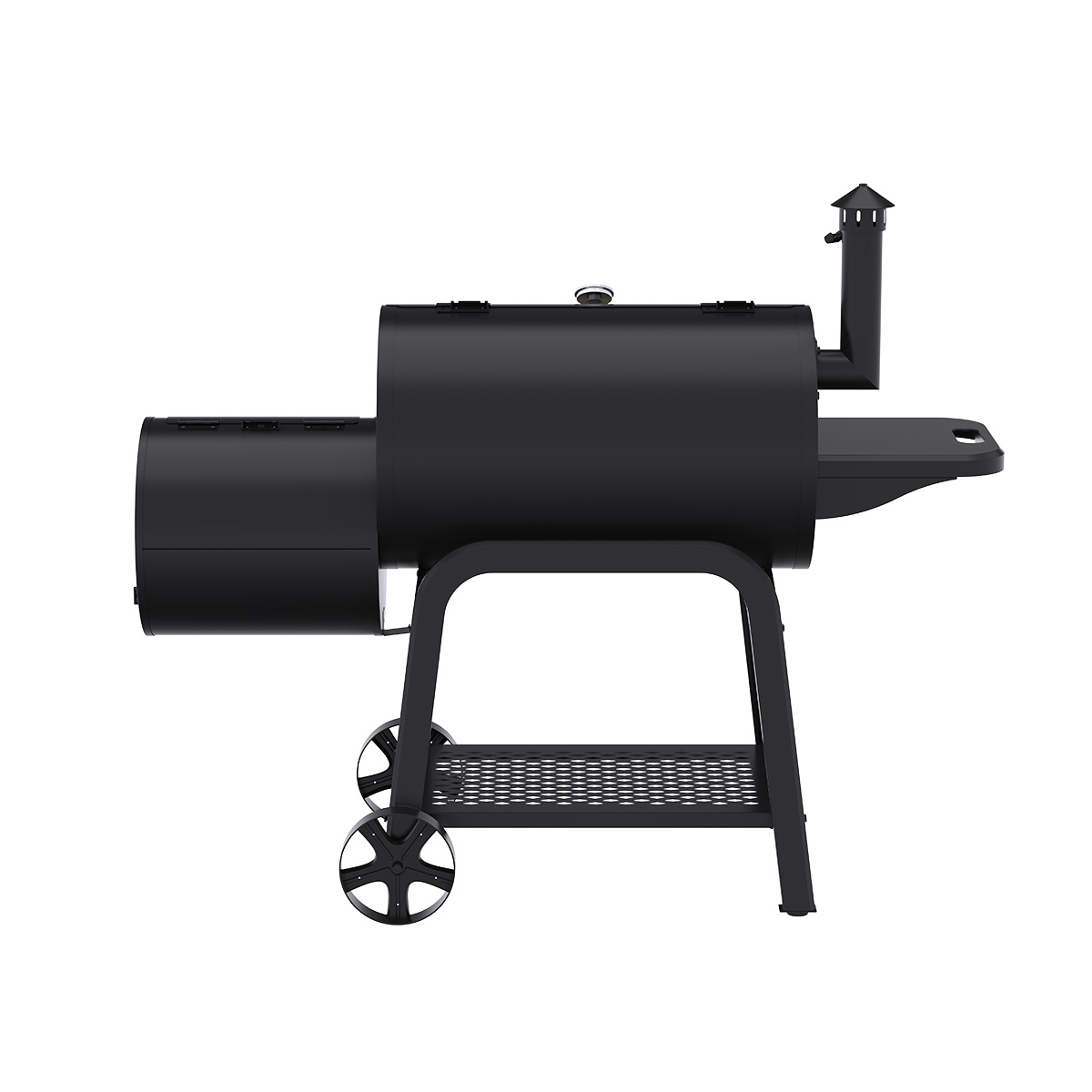 A black smoker grill on a white background. It has a cylindrical main body, a firebox, a chimney, and a side shelf. It has wheels.