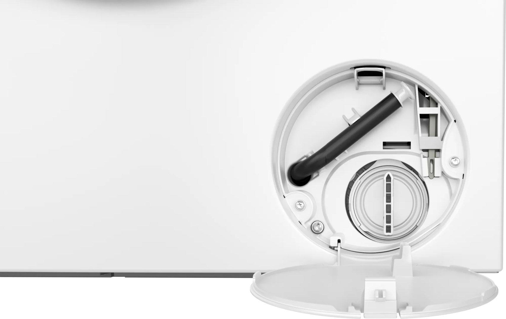 Biały element pralki z otwartym dostępem. Widoczny jest czarny wąż i okrągła komora. Drzwi są otwarte.