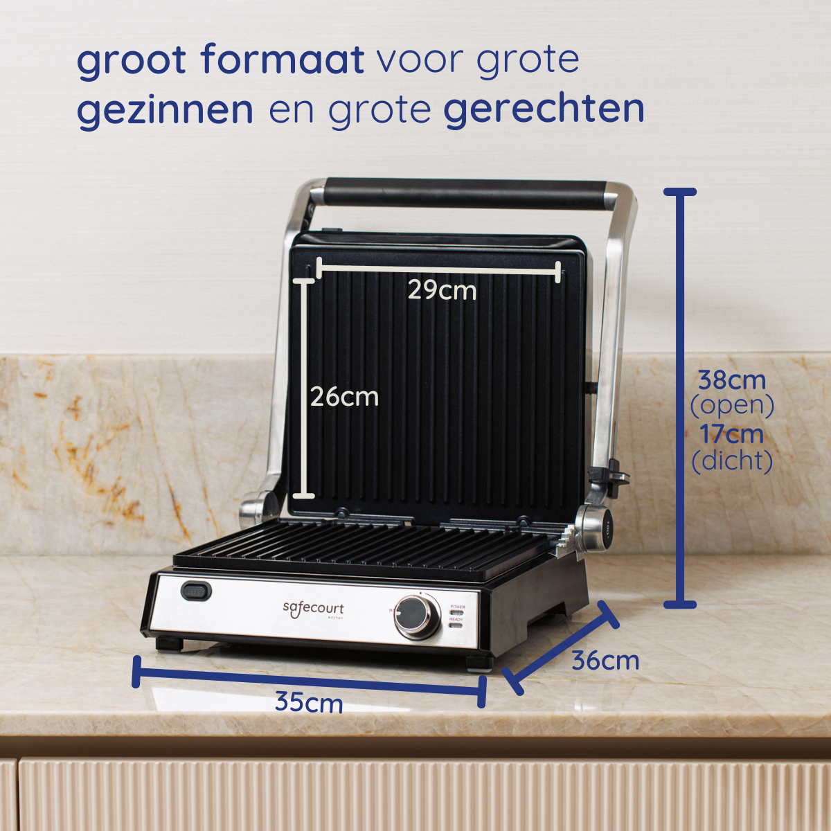 Een open Safe Court grill op een aanrecht. Afmetingen worden weergegeven: 26 cm, 29 cm, 35 cm, 36 cm, 38 cm (open) en 17 cm (gesloten).