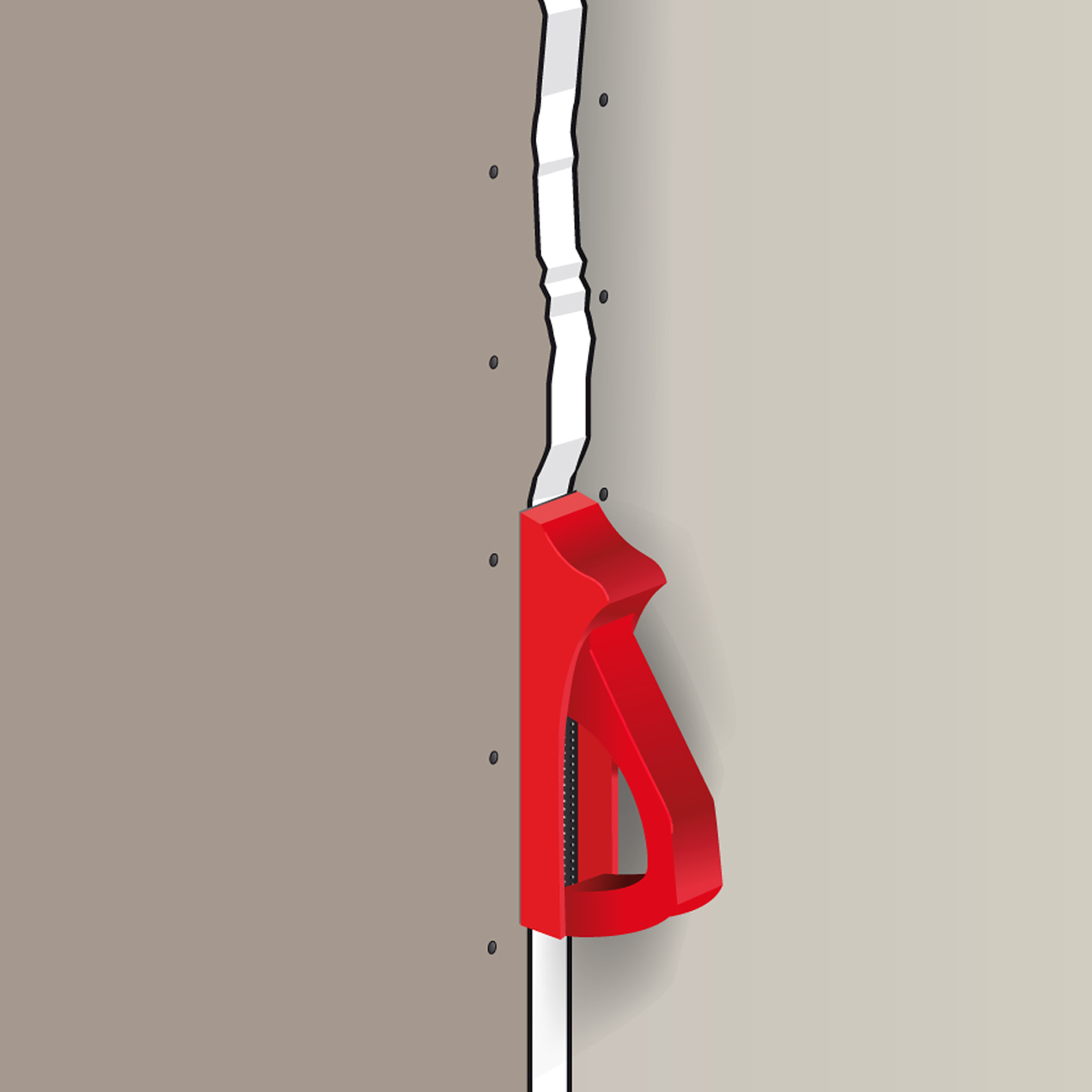 Een rood gipsplaatgereedschap staat op een muur, geplaatst over een scheur. De muur is beige, de scheur is wit en het gereedschap is rood.