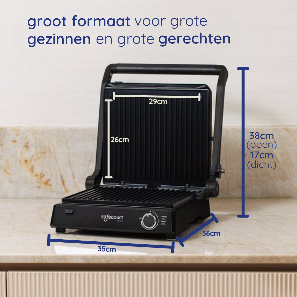 Een zwarte SafeCourt grill is open op een aanrecht. Afmetingen zijn aangegeven: 29cm, 26cm, 35cm, 36cm en 38cm (open)/17cm (dicht).