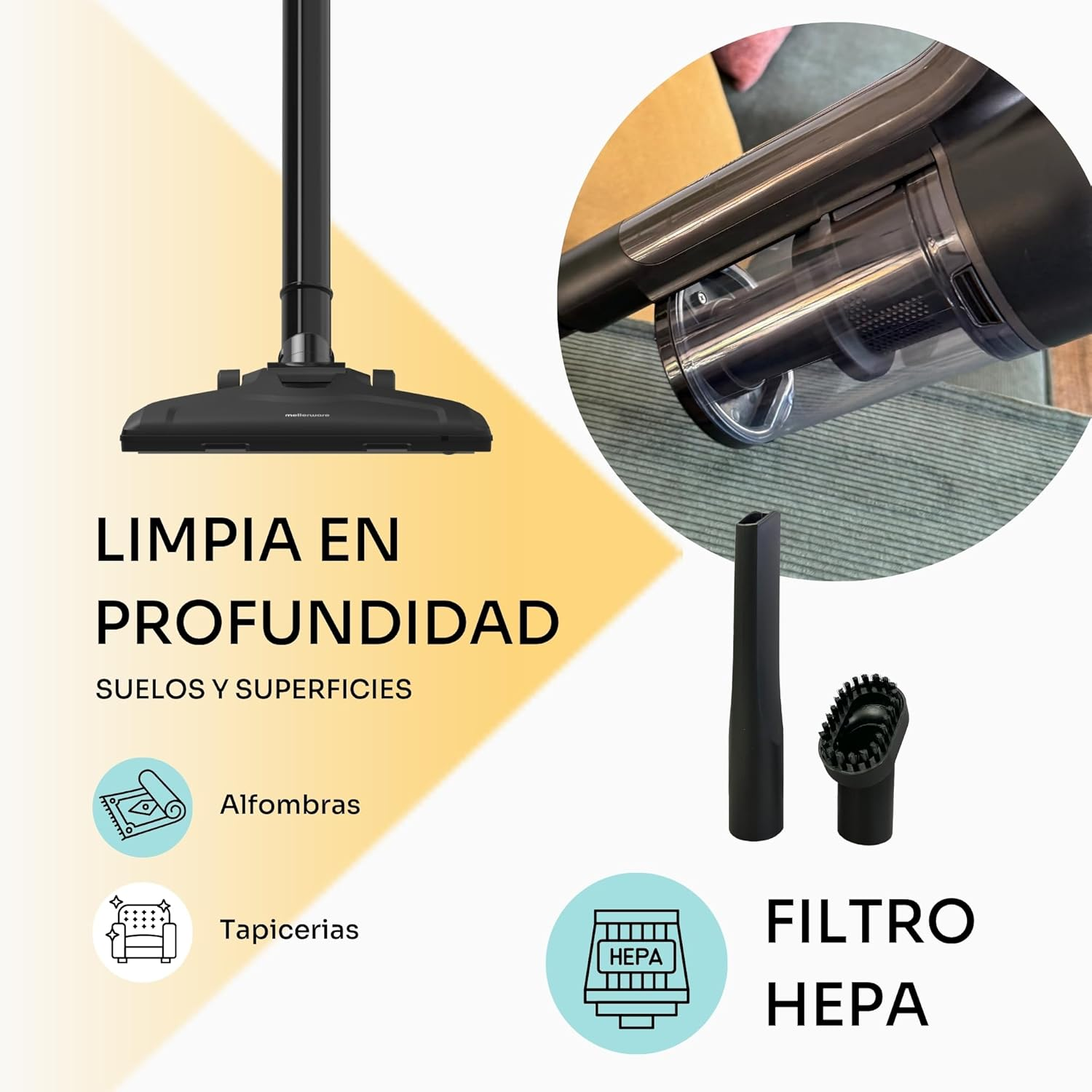 Una imagen muestra una aspiradora con texto en español, "LIMPIA EN PROFUNDIDAD", y diagramas de limpieza de superficies y un filtro HEPA.