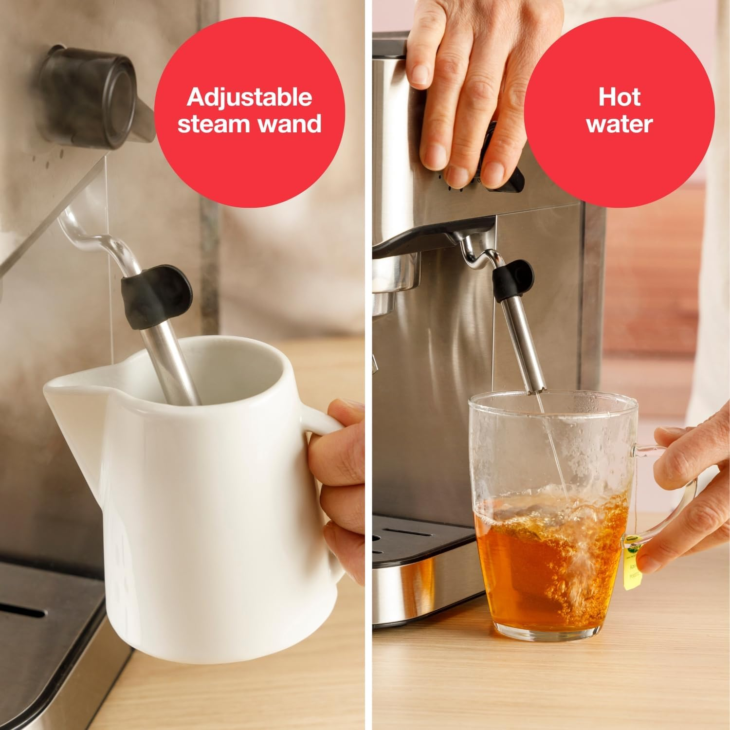 Una máquina de café está vaporizando leche en una jarra blanca, mientras que se dispensa agua caliente en un vaso de té.
