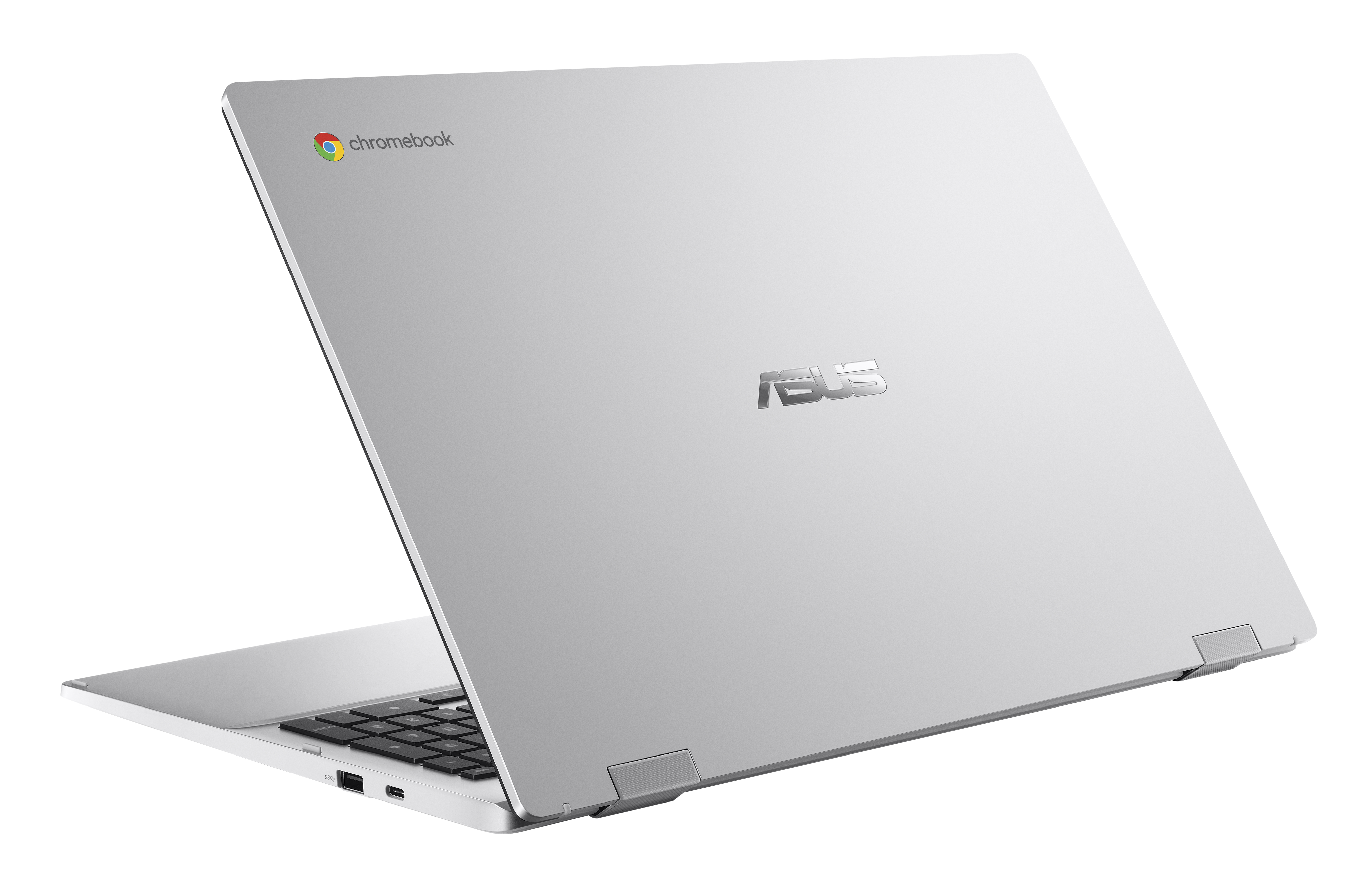 Srebrny laptop ASUS Chromebook na białym tle. Ekran jest otwarty, pokazując klawiaturę i logo ASUS.