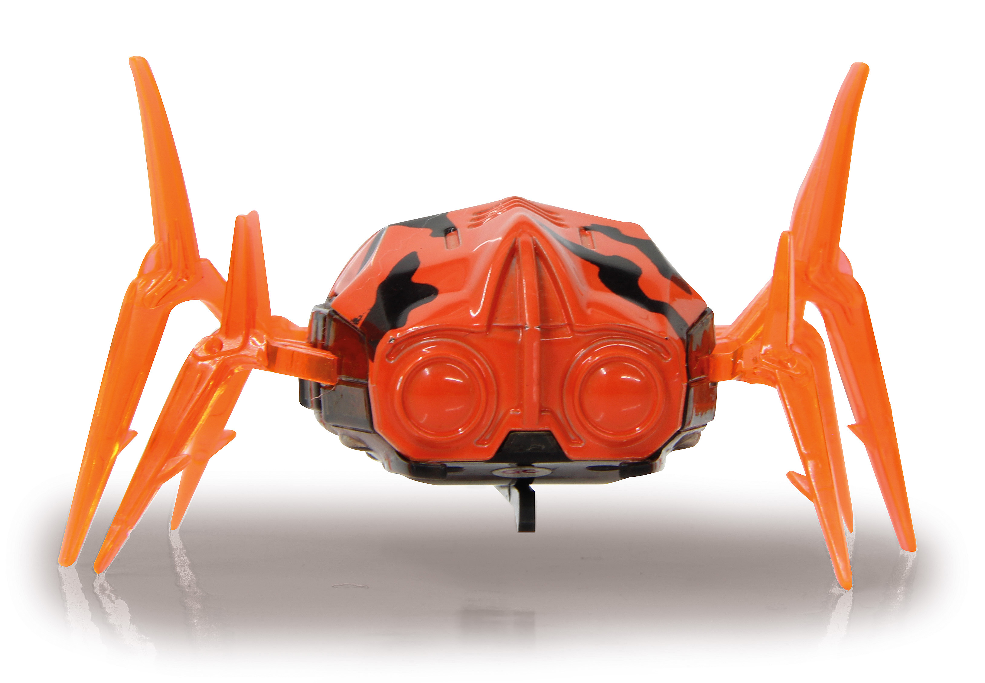 Ein Roboter-Spielzeug-Spinne mit orangefarbenen Beinen und Körper, orangefarbenen und schwarzen Details, zwei großen augenähnlichen Kreisen auf der Vorderseite und weißem Hintergrund.