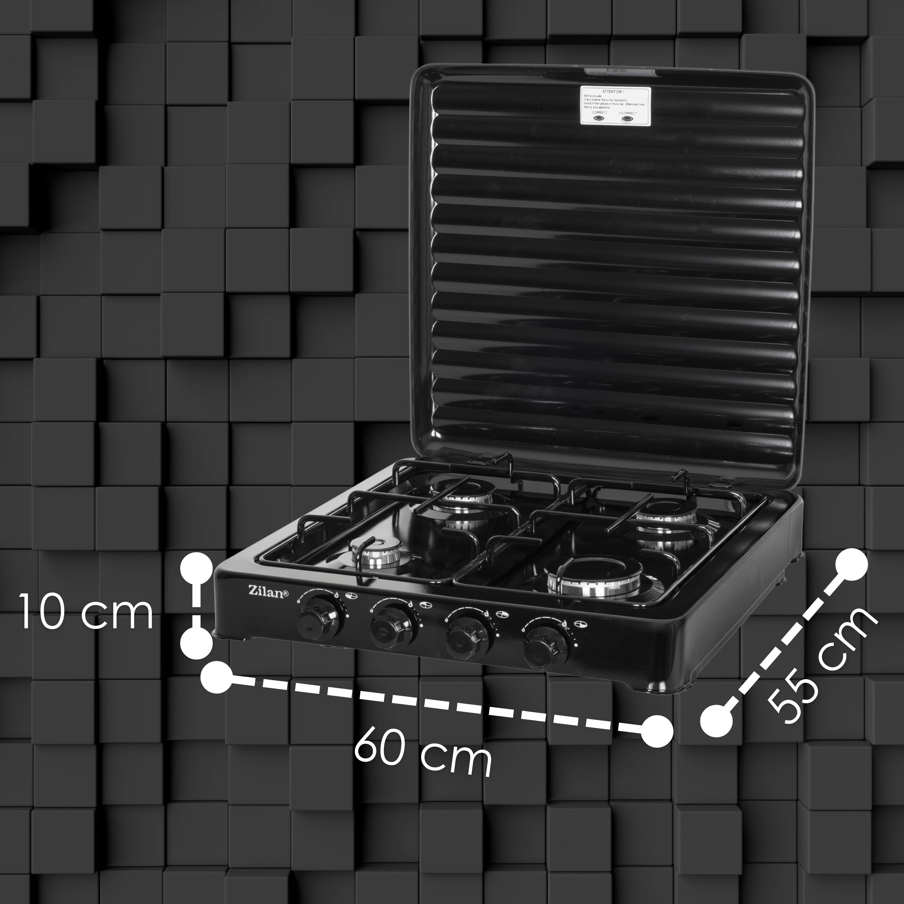 Czarna kuchenka gazowa Zilan z czterema palnikami. Na szarym tle z kostek. Wymiary: 60x55x10cm.
