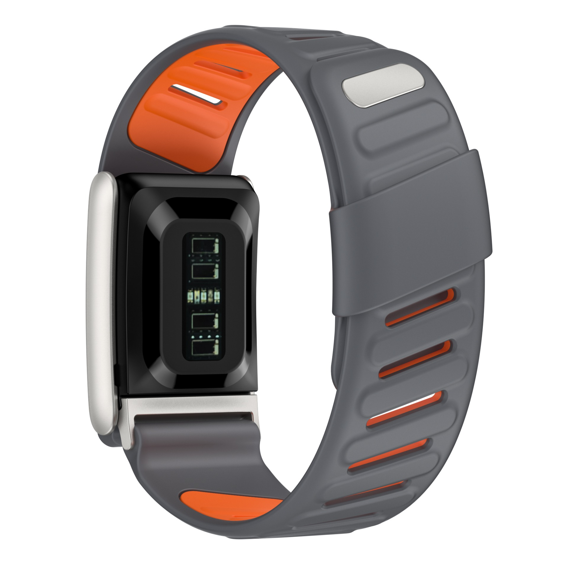 Eine graue Smartwatch mit orangefarbenem Innenband. Die Uhr hat einen schwarzen Bildschirm, silberne Zierleisten und befindet sich auf weißem Hintergrund.