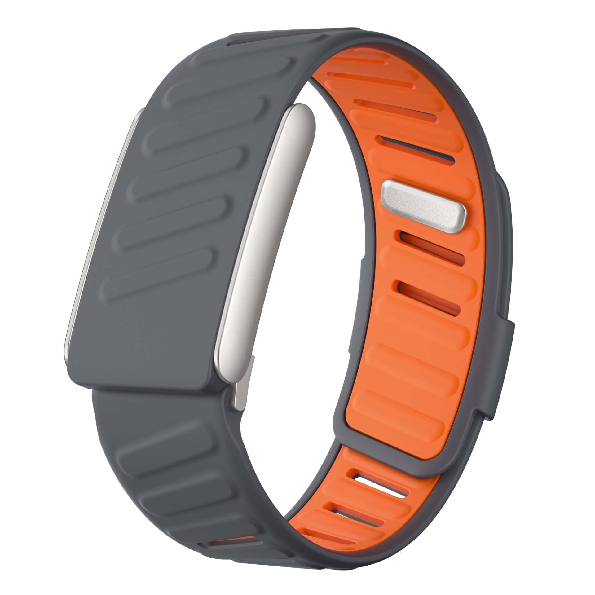 Eine grau-orangefarbene Fitness-Tracker-Uhr auf weißem Hintergrund. Die Uhr hat eine kreisförmige Form.