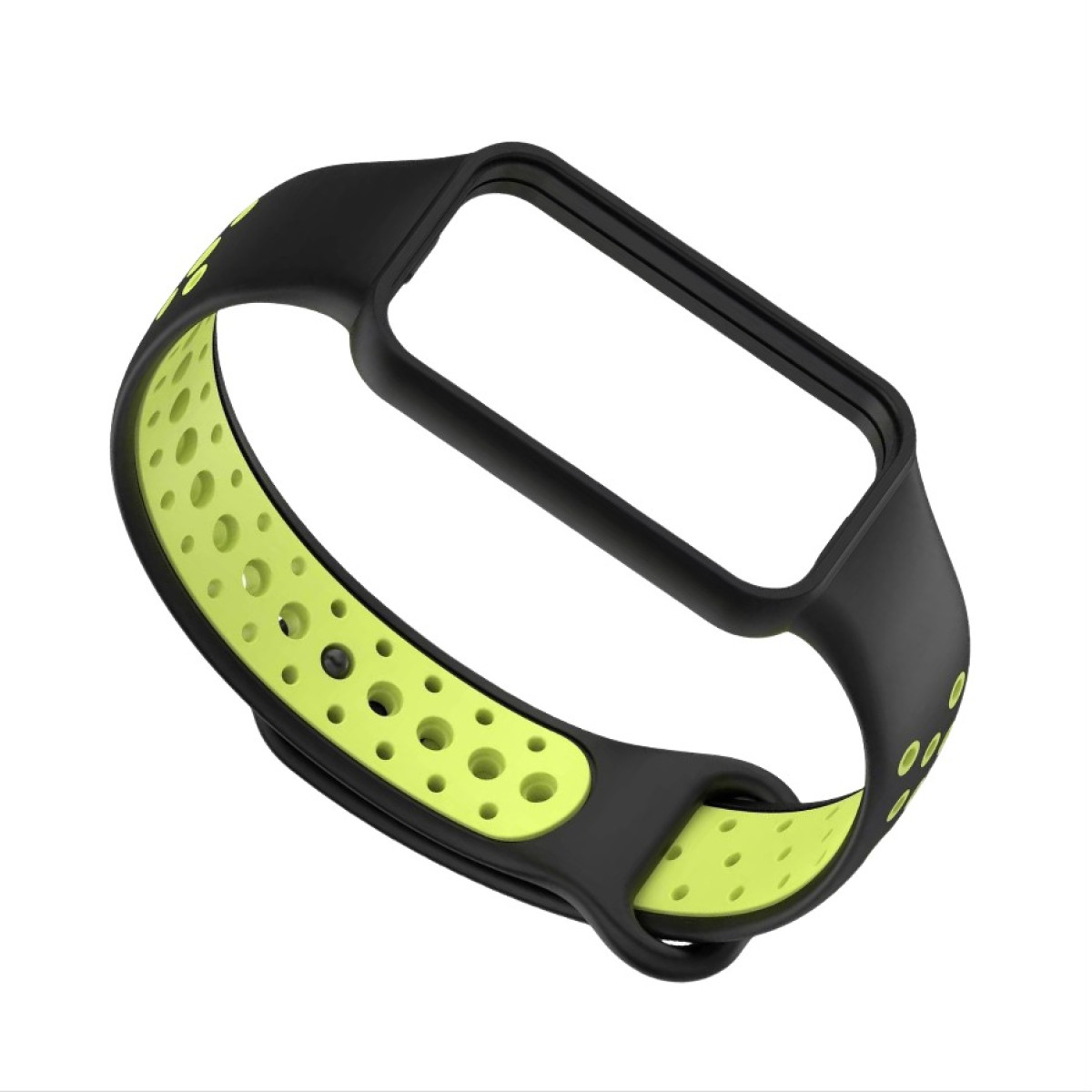 Schwarzes und lindgrünes Uhrenarmband. Schwarzer Rahmen mit lindgrünem Band mit Löchern. Das Armband ist vom Rahmen getrennt.