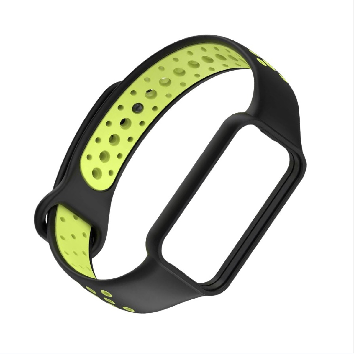 Ein schwarzes und limettengrünes Armband. Das Band hat einen perforierten limettengrünen Abschnitt und einen schwarzen Rahmen.