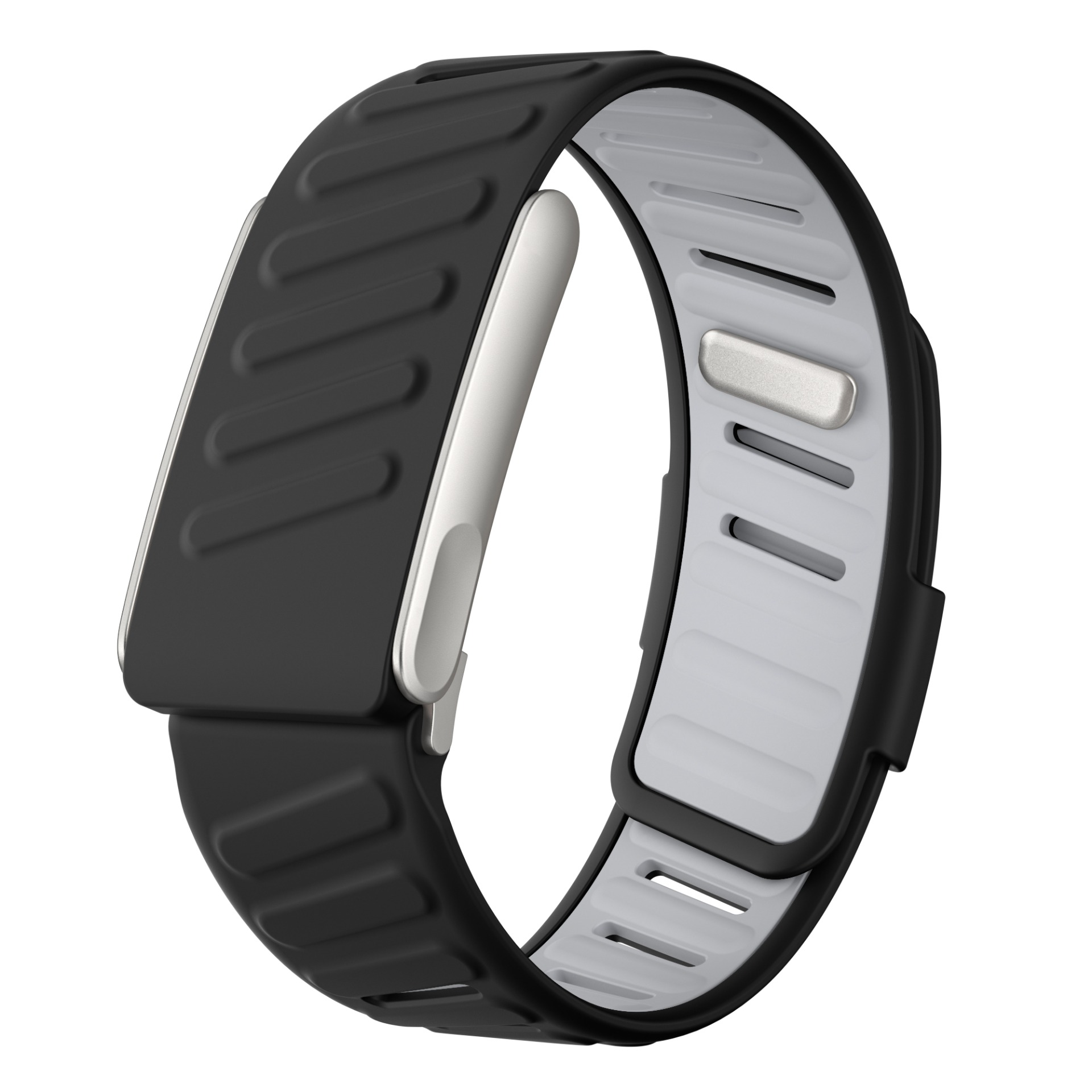 Eine schwarz-weiße Smartwatch. Das Armband ist schwarz mit Rippen. Die Innenseite ist weiß. Ein silbernes Rechteck befindet sich in der Mitte.