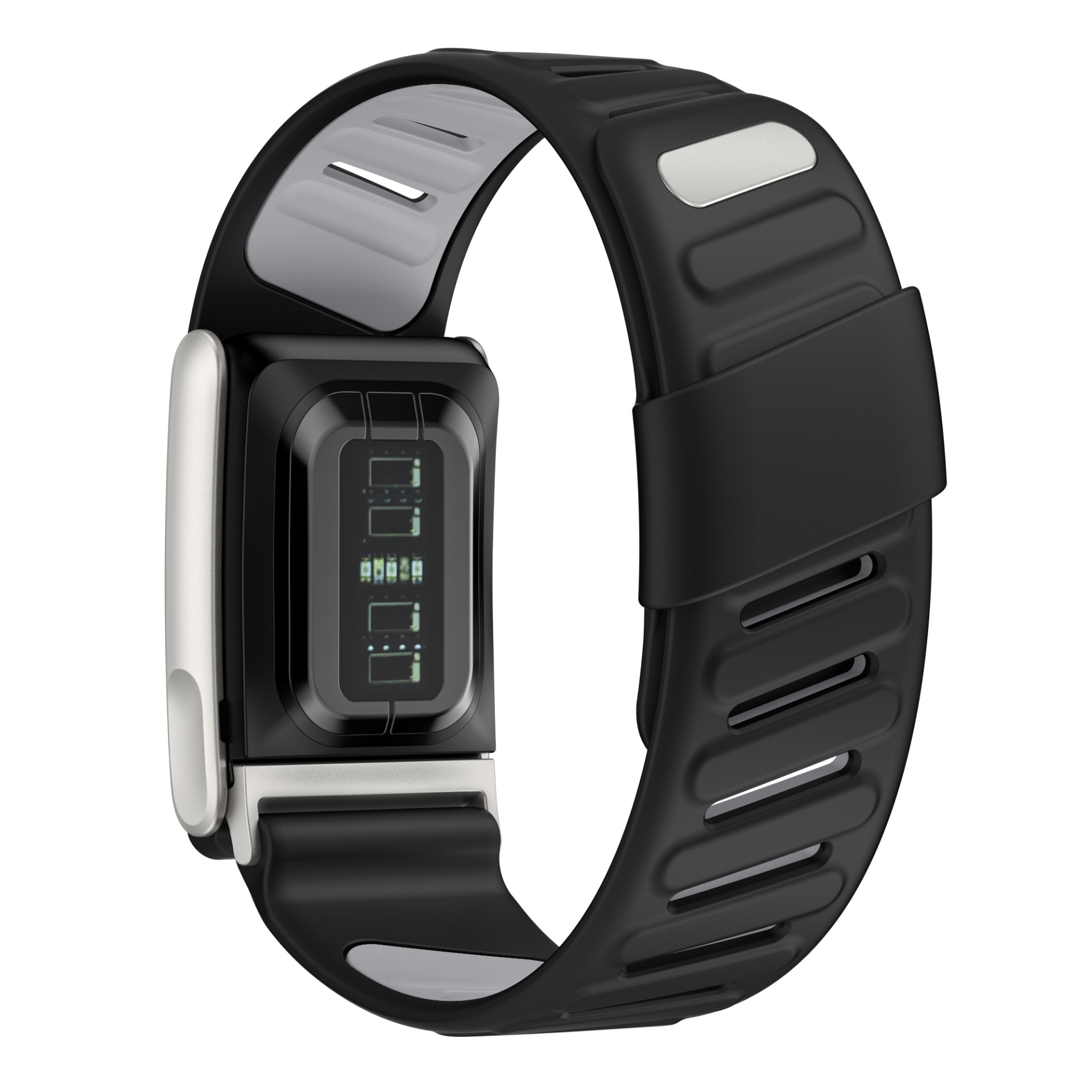 Schwarze Smartwatch mit grauen Akzenten. Es hat einen Bildschirm, der Daten anzeigt. Das Armband ist schwarz mit grauem Innenraum und silbernen Akzenten.