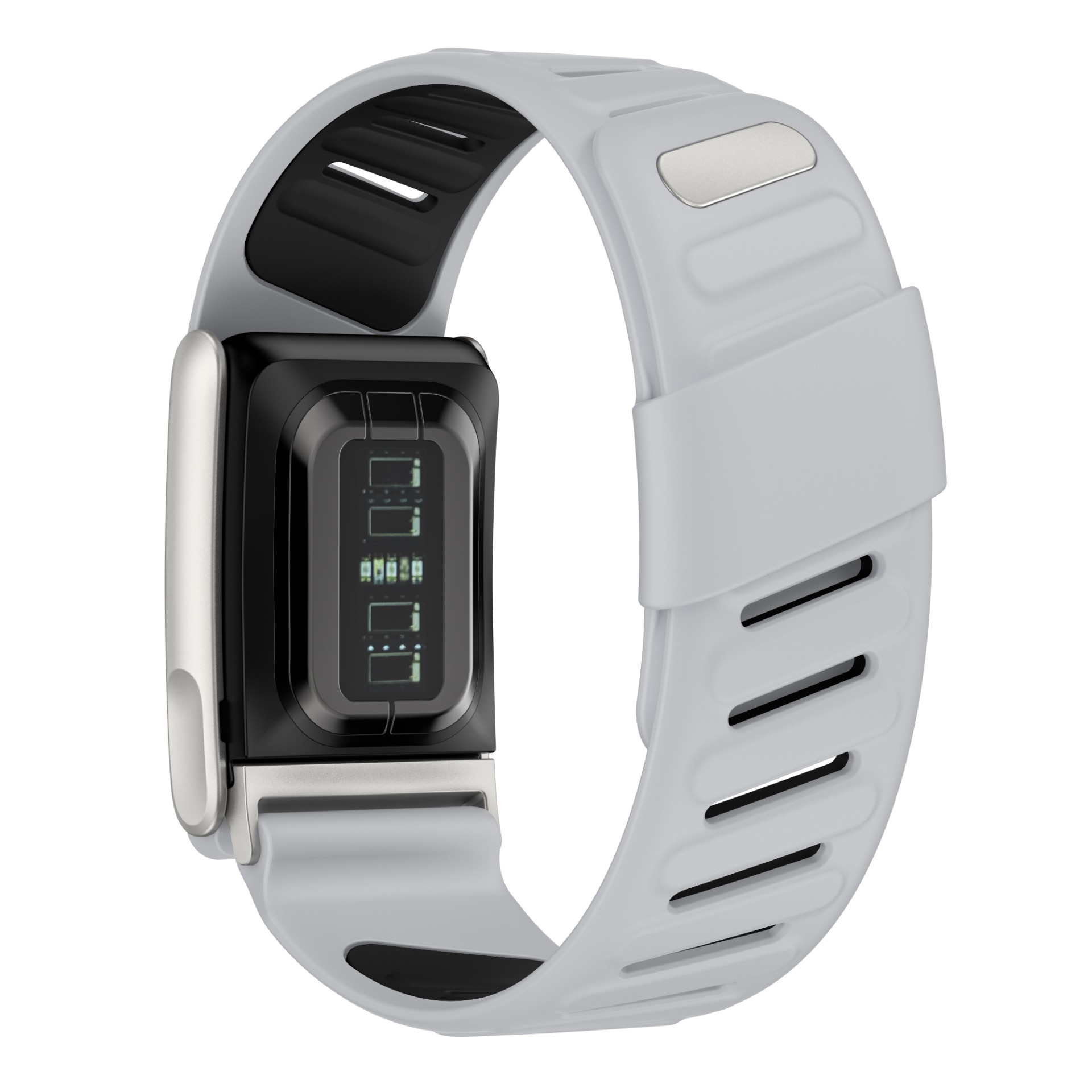 Eine graue Fitnessuhr mit schwarzem Bildschirm. Die Uhr hat ein hellgraues Armband und einen silbernen Metallrand.
