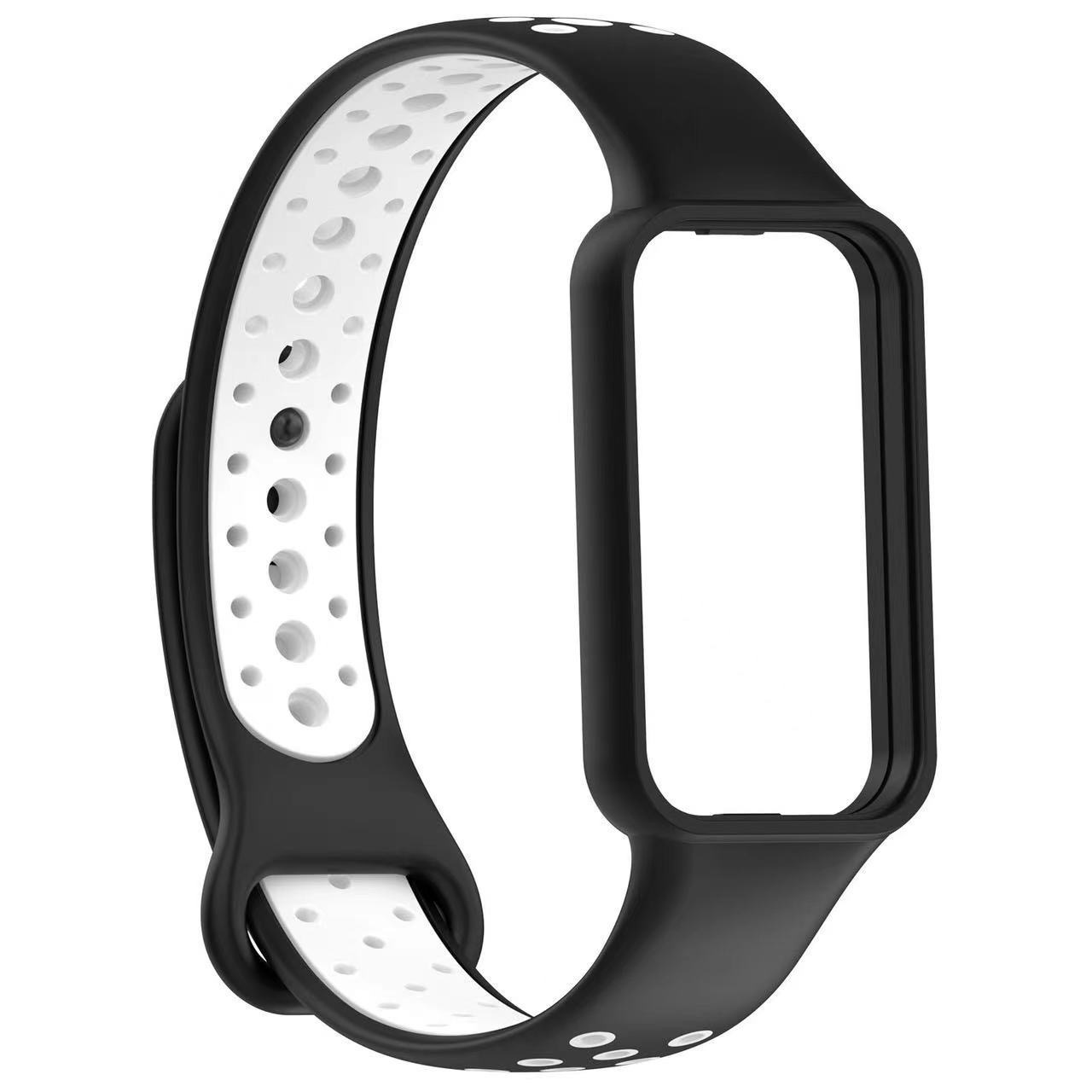 Cinturino per smartwatch bianco e nero. Il cinturino ha una cornice nera e una fascia interna bianca perforata.
