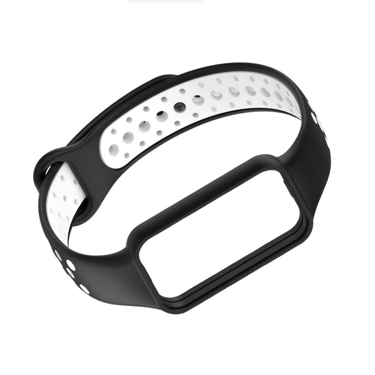 Cinturino per smartwatch bianco e nero con cornice rettangolare. Il cinturino ha uno strato interno bianco perforato e uno strato esterno nero.