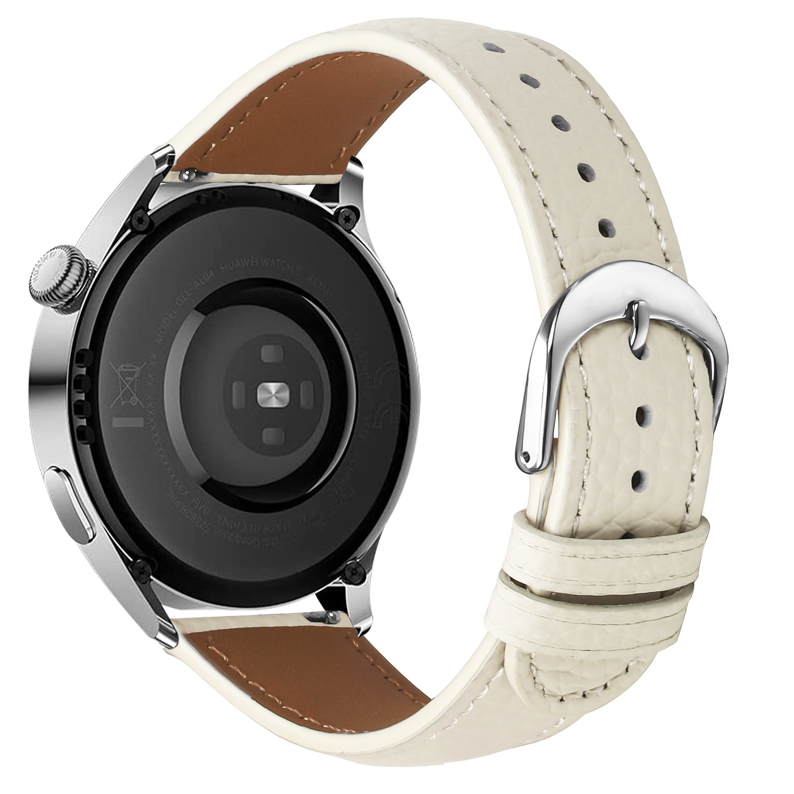 Primo piano di uno smartwatch con cinturino in pelle color crema e fibbia argentata. Il quadrante è nero, che mostra il retro.