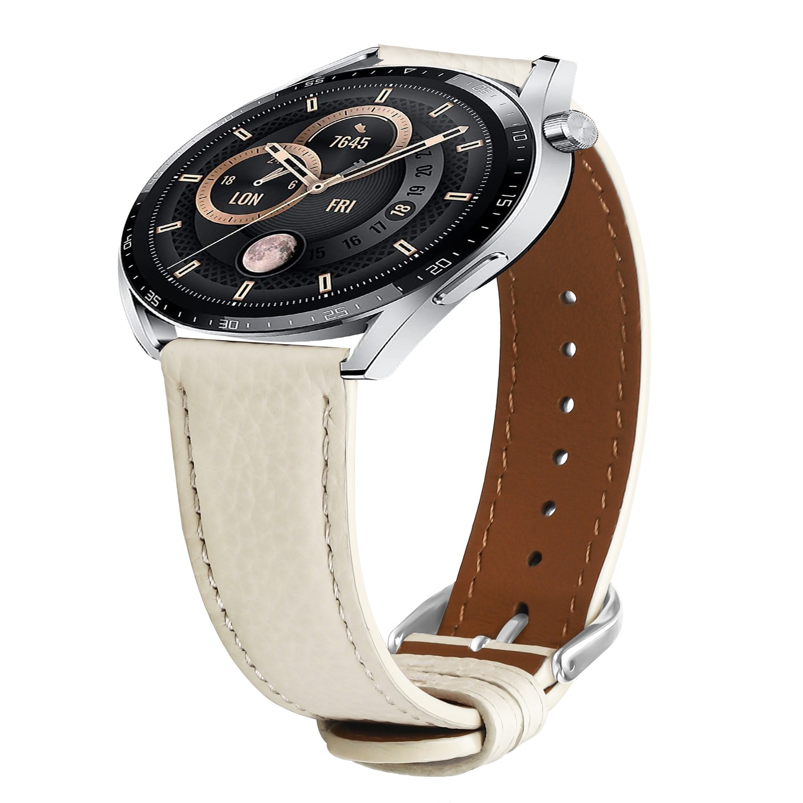 Uno smartwatch argentato con quadrante nero e oro e cinturino in pelle color crema. L'orologio mostra l'ora e la data.