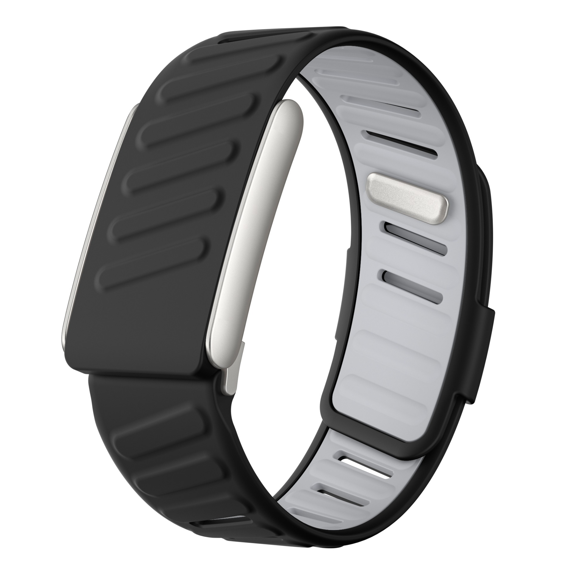 Schwarze und graue Smartwatch. Das Armband ist schwarz mit silbernen Akzenten und einem grauen Innenraum.