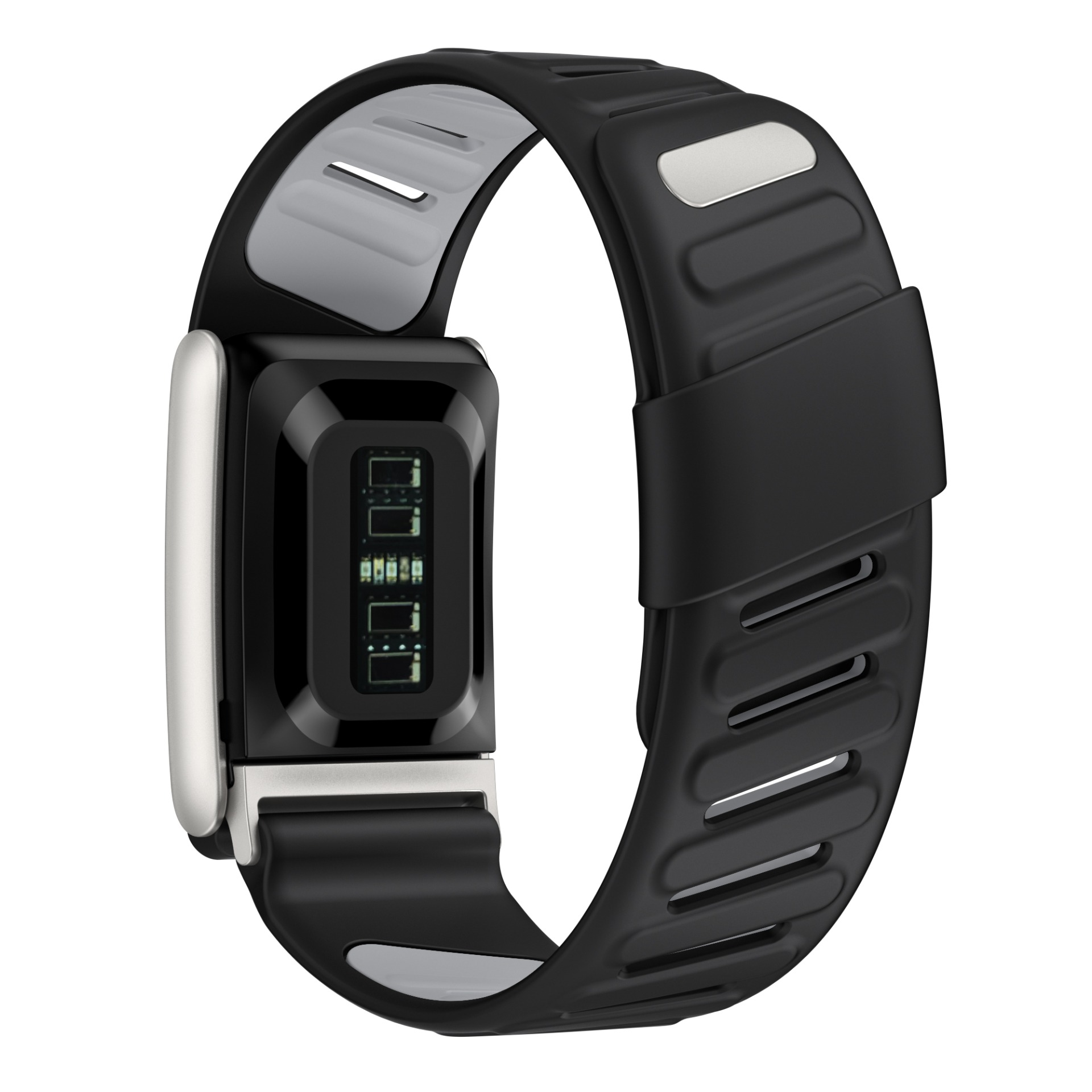Eine schwarze Smartwatch mit digitaler Anzeige, die grüne Daten anzeigt. Das Armband hat graue und silberne Akzente. Weißer Hintergrund.