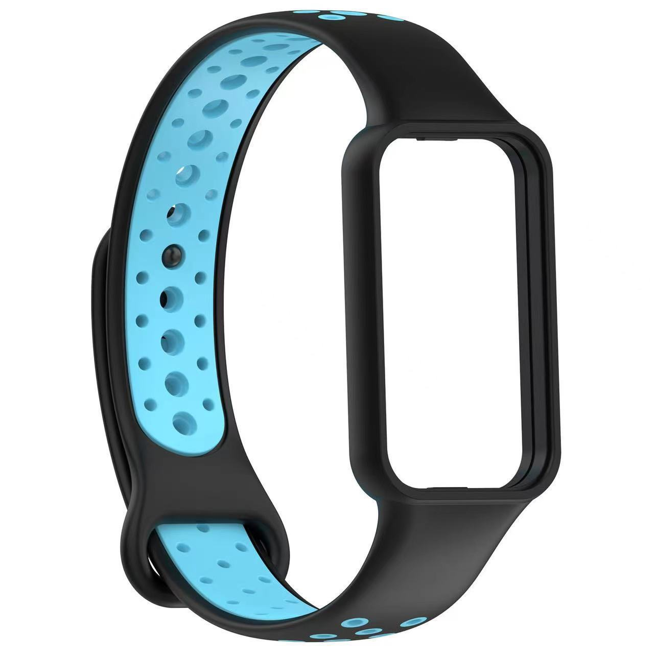 Cinturino nero e azzurro. Il cinturino ha fori e il supporto dell'orologio è vuoto. I colori sono nero e azzurro.