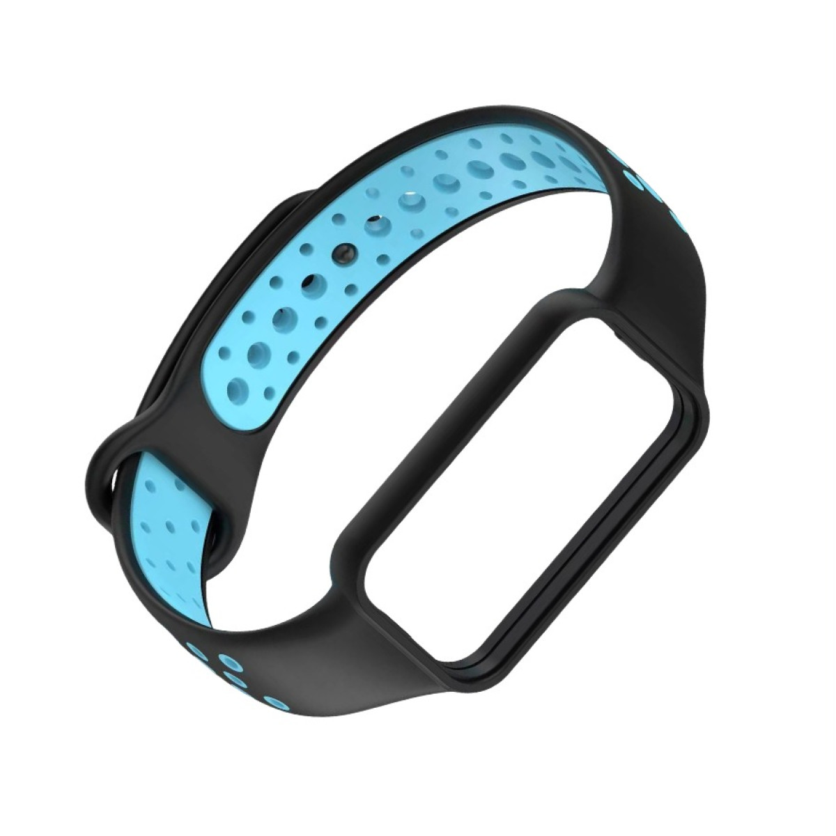 Un cinturino per smartwatch nero e blu. La parte blu ha piccoli fori. Il cinturino è curvo e sembra essere di gomma.