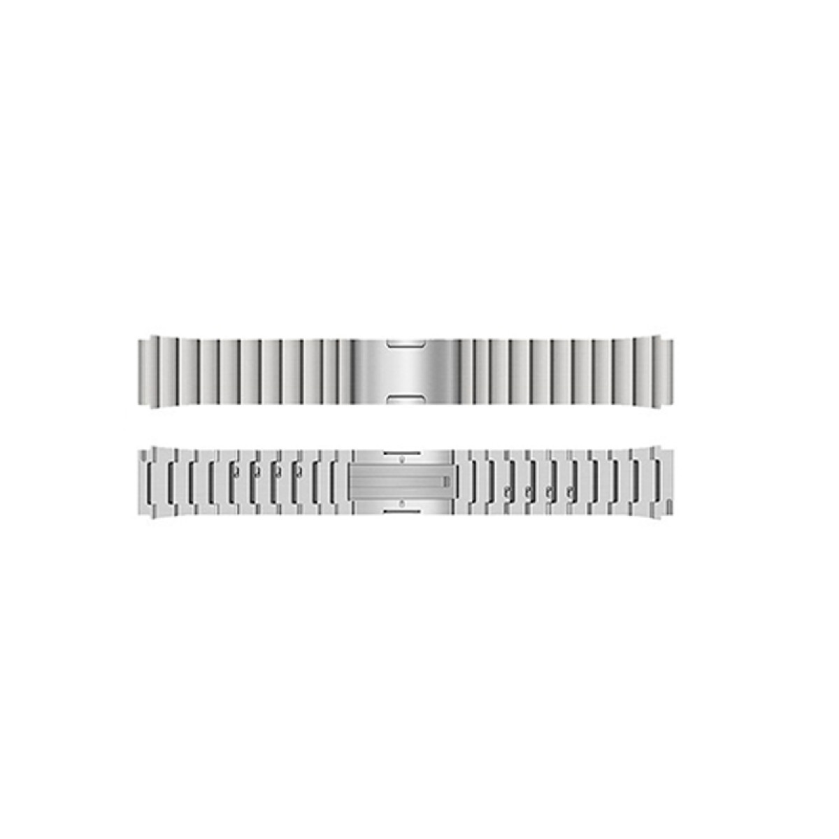 Due cinturini d'orologio argentati su sfondo bianco. Il cinturino superiore è parzialmente aperto, rivelando la chiusura. Il cinturino inferiore è chiuso.