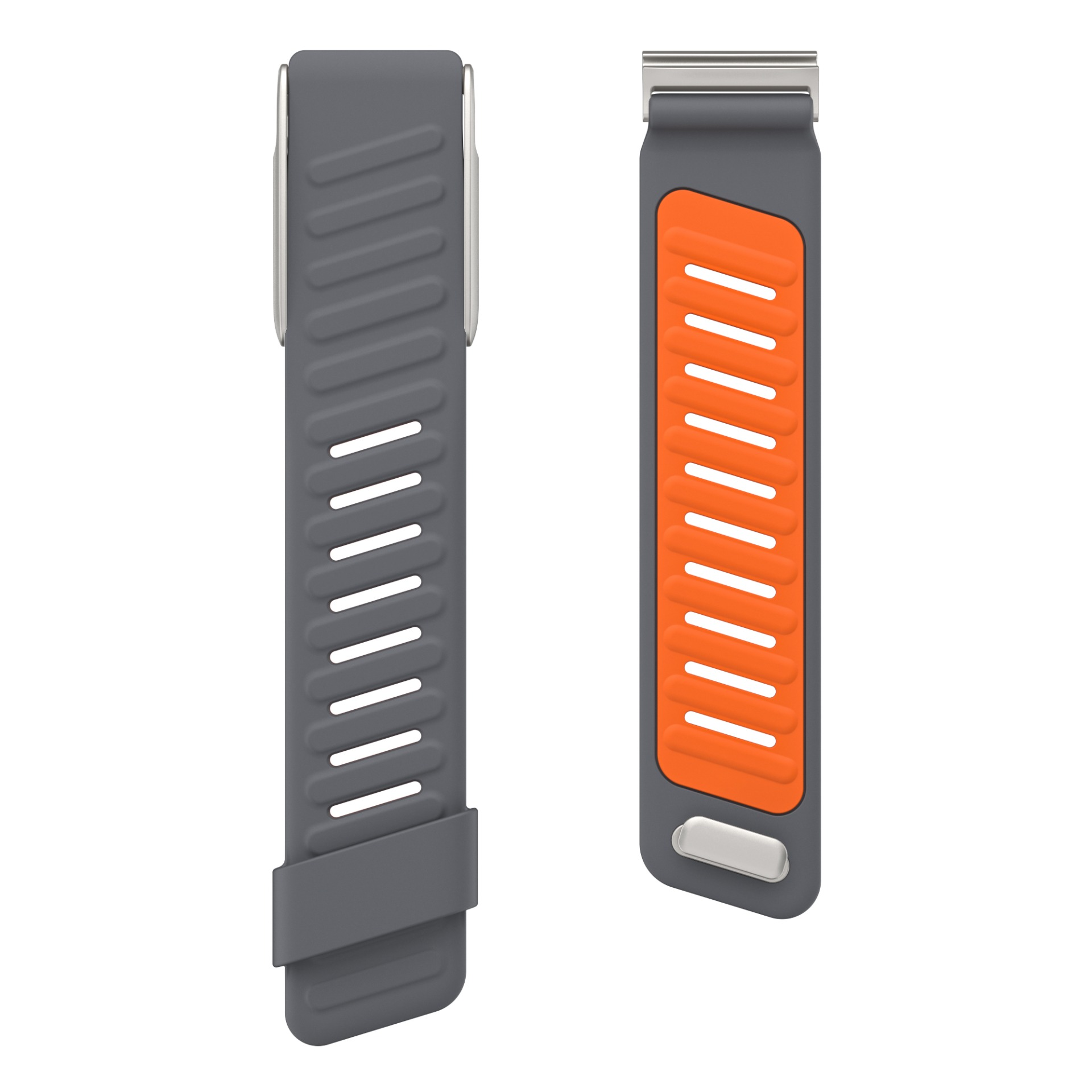 Zwei Uhrenarmbänder sind abgebildet. Eines ist grau mit weißen Schlitzen, das andere ist grau mit orangefarbener Mitte und weißen Schlitzen. Beide haben Metallschnallen.