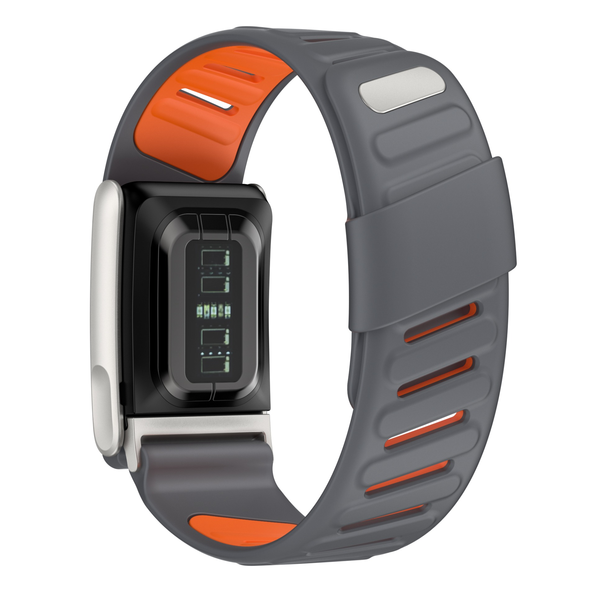 Eine Smartwatch mit schwarzem Bildschirm und grauem Armband mit orangefarbenen Akzenten. Der Bildschirm zeigt Daten an. Die Uhr befindet sich auf weißem Hintergrund.