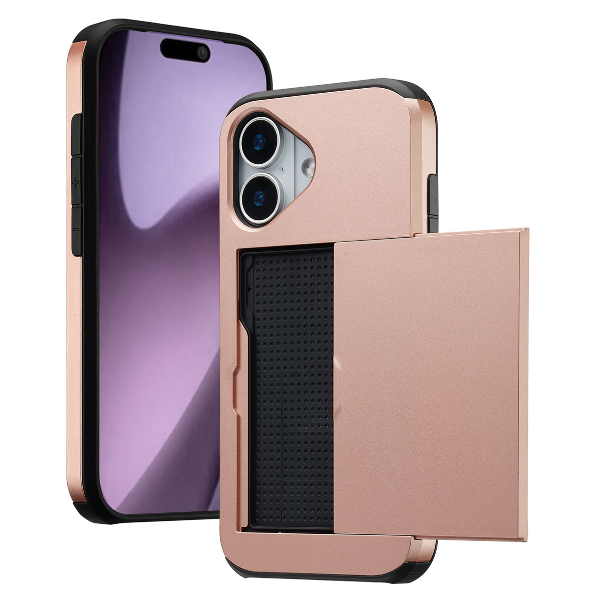 Twee telefoons in hoesjes, een roze, een zwarte. De roze hoes heeft een kaarthouder. De telefoonschermen zijn zichtbaar.