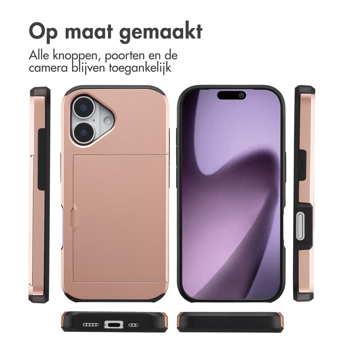 Roze gouden telefoonhoesje met zwarte accenten, vanuit meerdere hoeken getoond. Nederlandse tekst over toegankelijke functies.