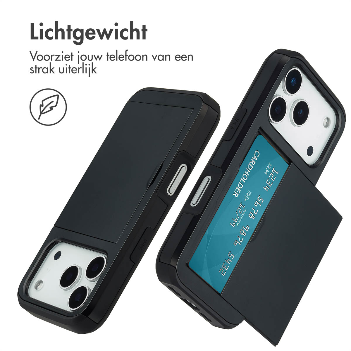 Zwarte telefoonhoesjes met een kaartsleuf. Eén hoesje heeft een kaart erin. Tekst op hoesjes en een witte achtergrond.