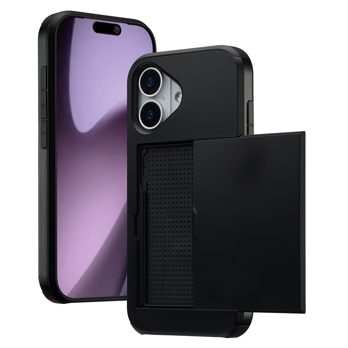 Zwarte telefoonhoes met kaarthouder en een iPhone. De hoes is open, met een getextureerd interieur. Het scherm is lavendel.