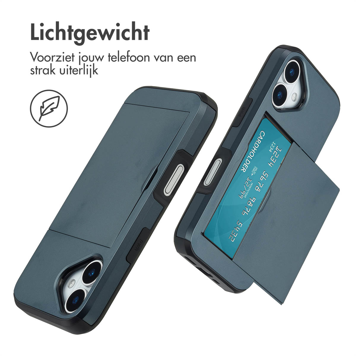 Twee teal telefoonhoesjes met kaarthouder, Nederlandse tekst 'Lichtgewicht'. Eén hoesje toont een kaart. Knoppen zijn zichtbaar.