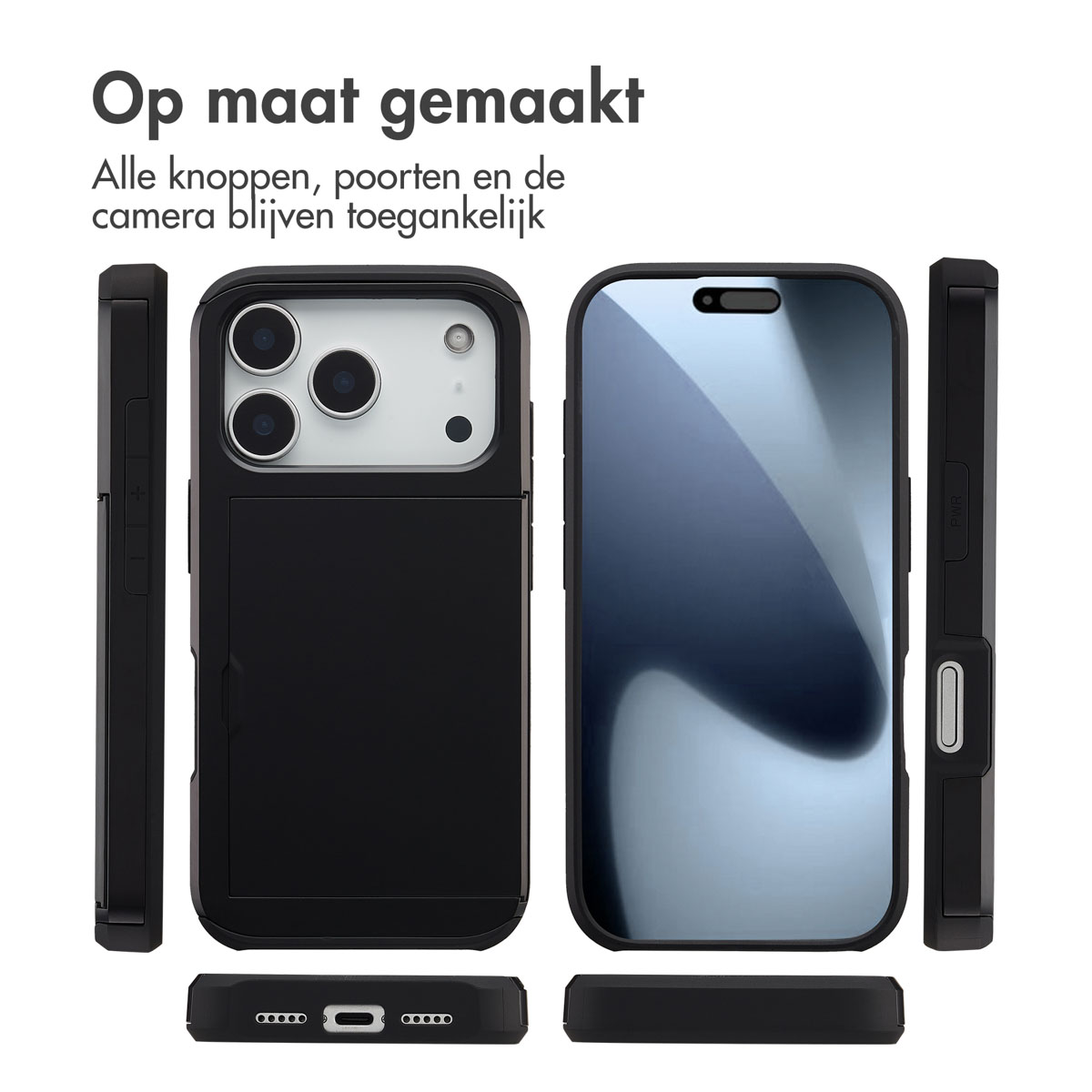 Zwarte telefoonhoes met drie camera's, een schermbeschermer en zijaanzichten, die het ontwerp van de telefoon laten zien. Tekst in het Nederlands.